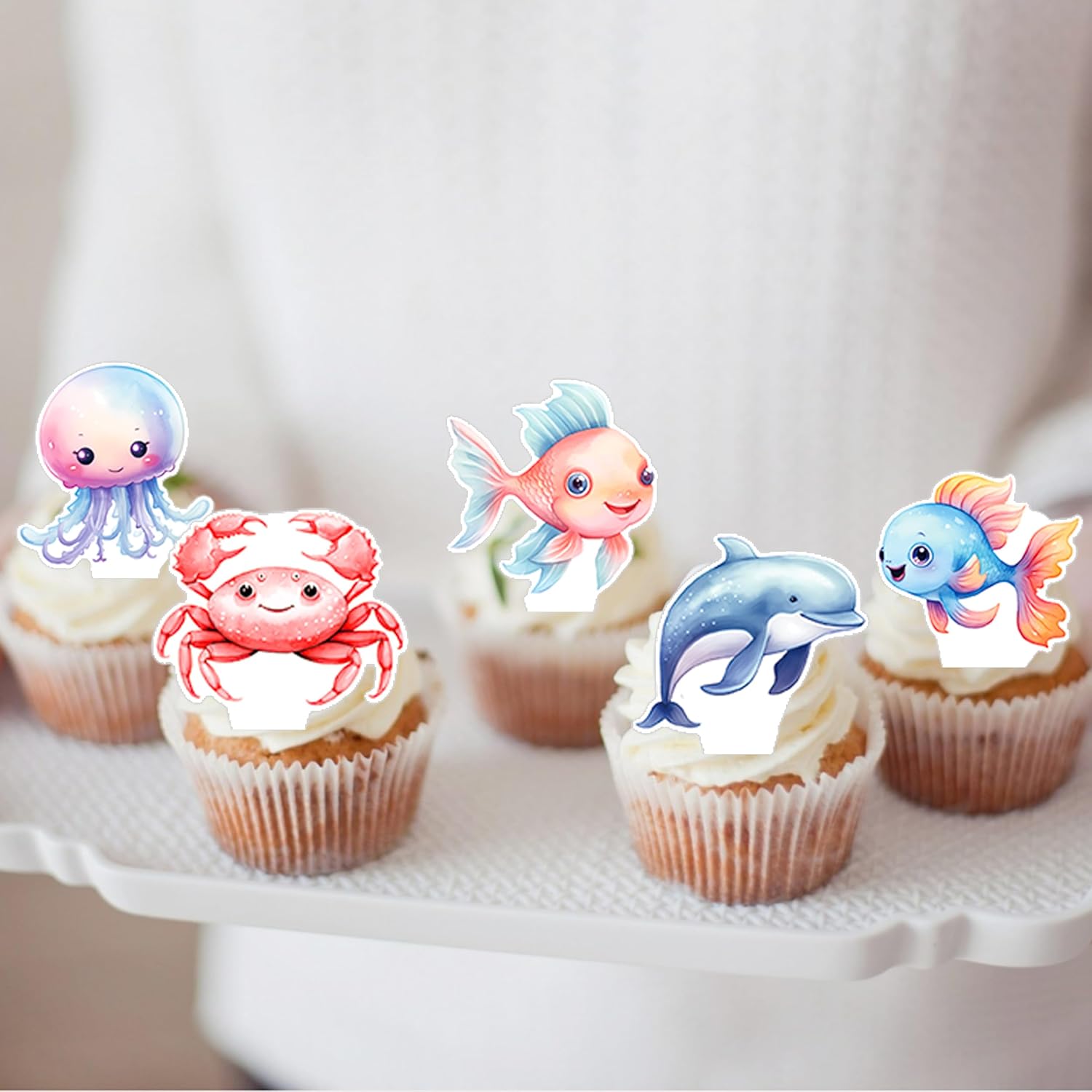 48Pcs Sea Animal Cupcake Toppers Ocean Sea Animal Birthday Party Decoration Under The Sea Cupckae Toppers for Ocean Sea Theme Birthday Baby Shower Supplies Under The Sea Party Decorations - Image 8