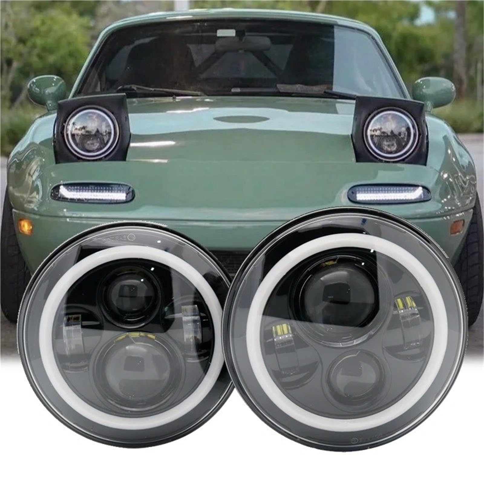 Phares Avant Phares LED DRL Angel Eye 7 Pouces Pour Classic Pour Mini Pour Austin Pour Rover Pour BMW(2Piece black Headlight)
