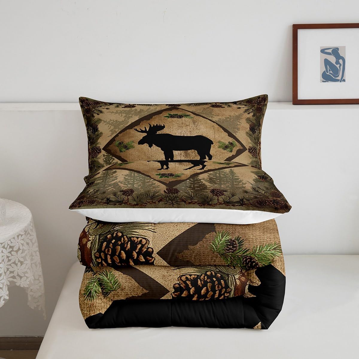 Moose Silhouette Decor Comforter Set Queen Size 3 Pcs Green Jungle Pine Trees Cones Bedding Comforter for Kids Teens Adults Vintage Plaid Lodge Cabin Quilt Duvet Set with 2 Pillowcases - Image 6