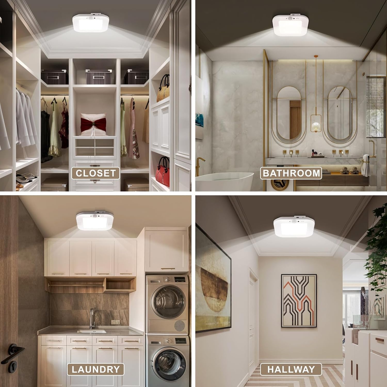 2Pack Rechargeable Motion Sensor Ceiling Light with Remote, Cordless Battery Powered Shower Lamp with 3 Colors/Brightness/Timer, for Shower Bathroom Stairs Garage Hallway