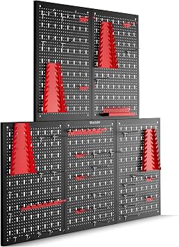 tectake Tool Perforated Metal Wall 200 x 60 x 2 cm Tool Wall Perforated Plate Including Tool Holder Set Hooks and Brackets Wall Shelf System for Workbench Garage Workshop Equipment - 5 Pieces