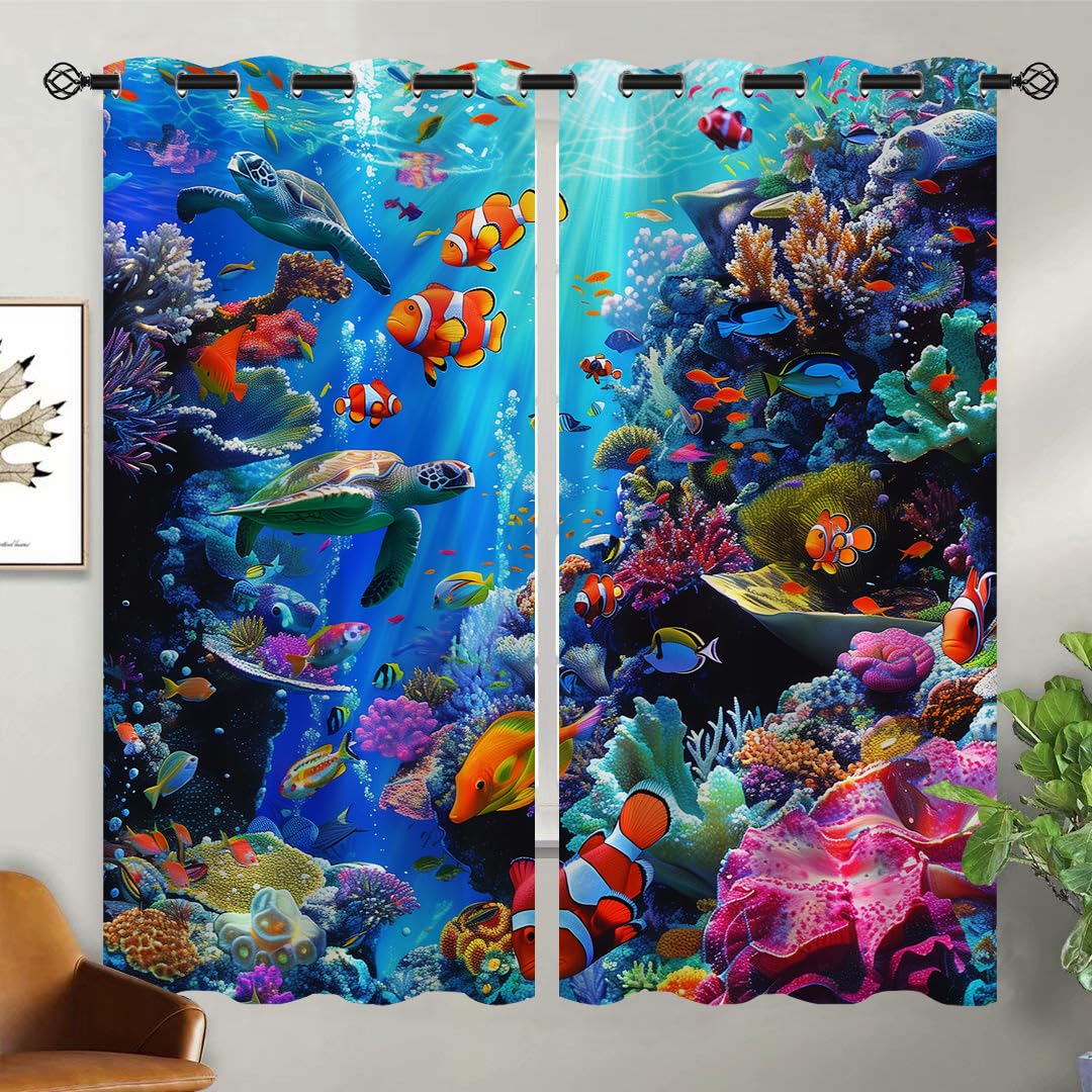 XINBADU Ocean Blackout Curtains for Girls Boy Home Decor, Underwater World Colorful Tropical Fishes Grommet Thermal Insulated Drapes Darkening Window Curtain for Bedroom Living Room, 63 x 63 Inch