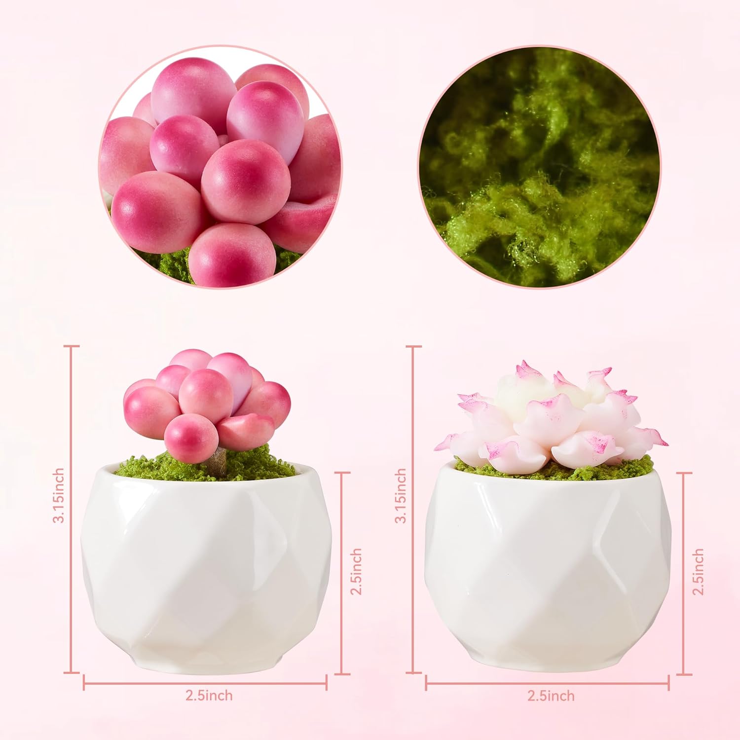 Set of 2 Artificial Succulent Plants Potted - Small Fake Succulents Handmade for Home Decor, Pink Desk Accessories, Dorm Decor - Image 3