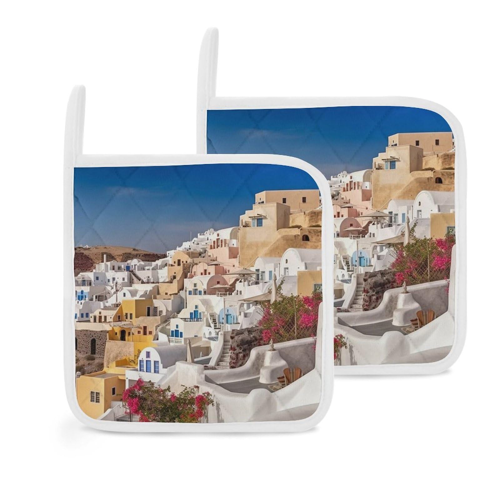 Pot Holders Set of 2 Kitchen Heat Resistant Potholders Santorini Town Cotton Lining Oven Hot Pads for Cooking Baking BBQ Microwave Kitchen Accessories