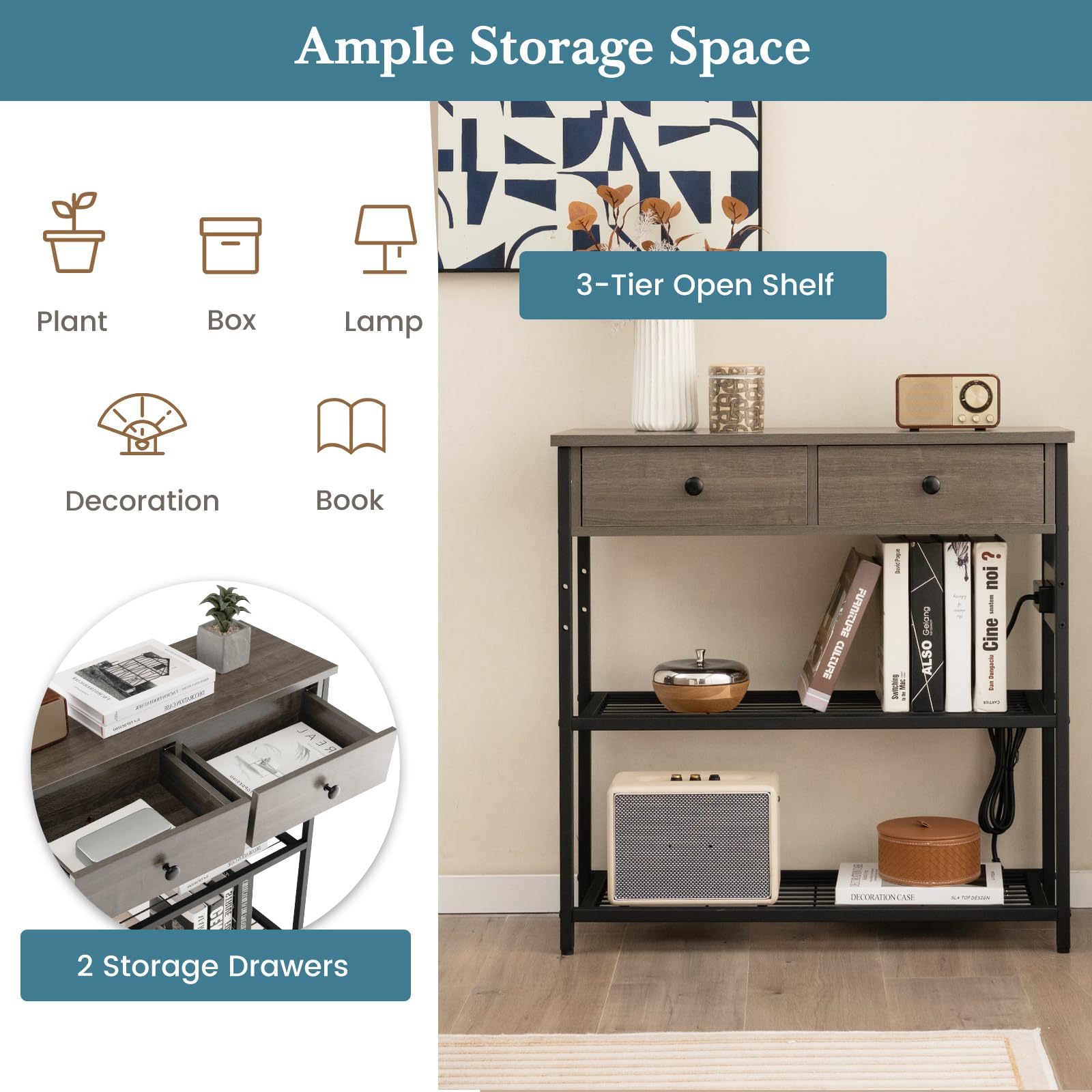 LIFEZEAL Tavolo consolle con presa elettrica, tavolo da corridoio industriale con porte USB, tavolo d'ingresso con ripiani e cassetti, tavolino sottile, 81x30x81 cm (grigio)