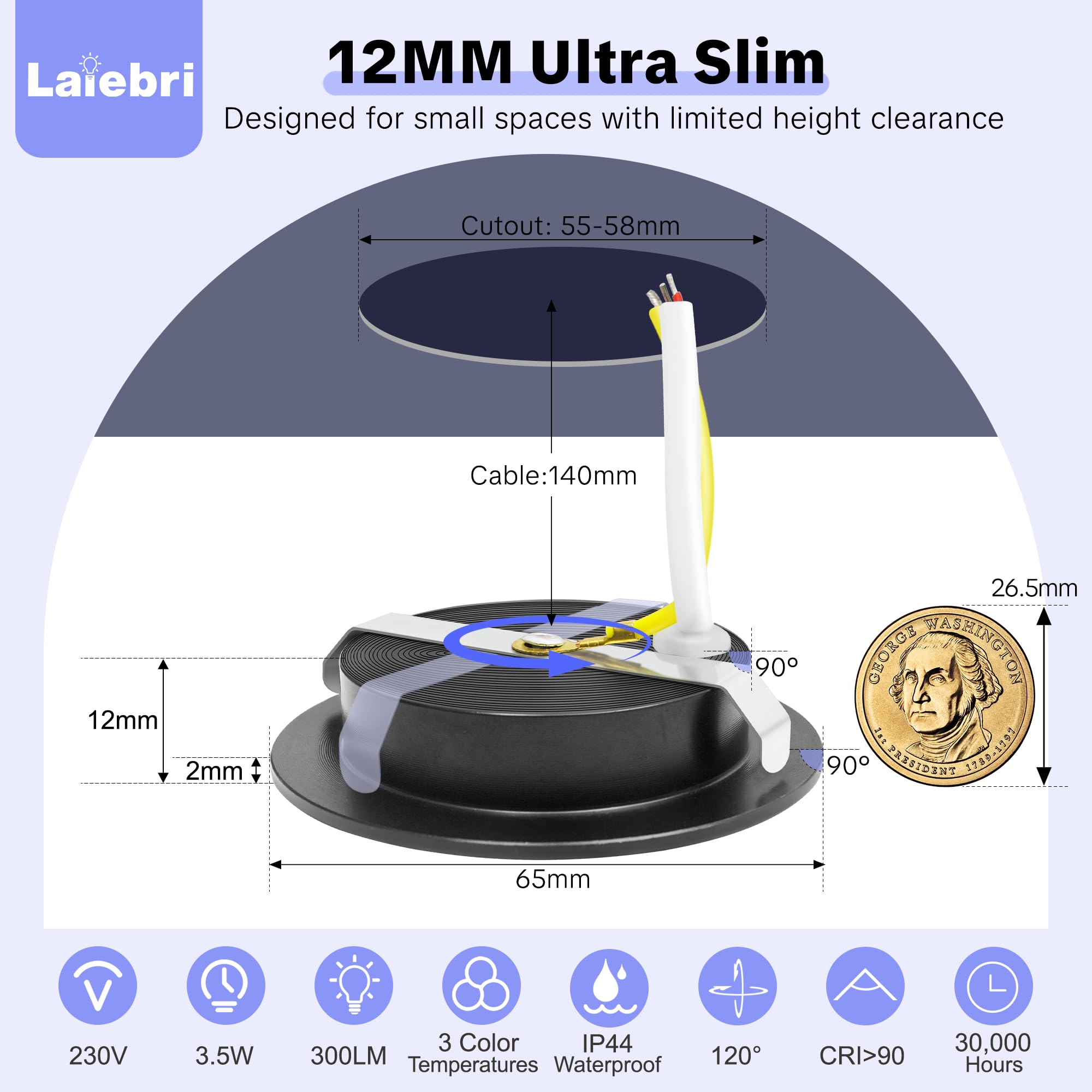 Set di 3 Faretti LED da Incasso per Cartongesso 220V, 3.5W Alluminio Faretto da Incasso 3000K 4000K 6000K, 300LM IP44 Faretti LED Soffitto Foro 55-58mm e 12mm Ultrapiatto per Bagno, Nero