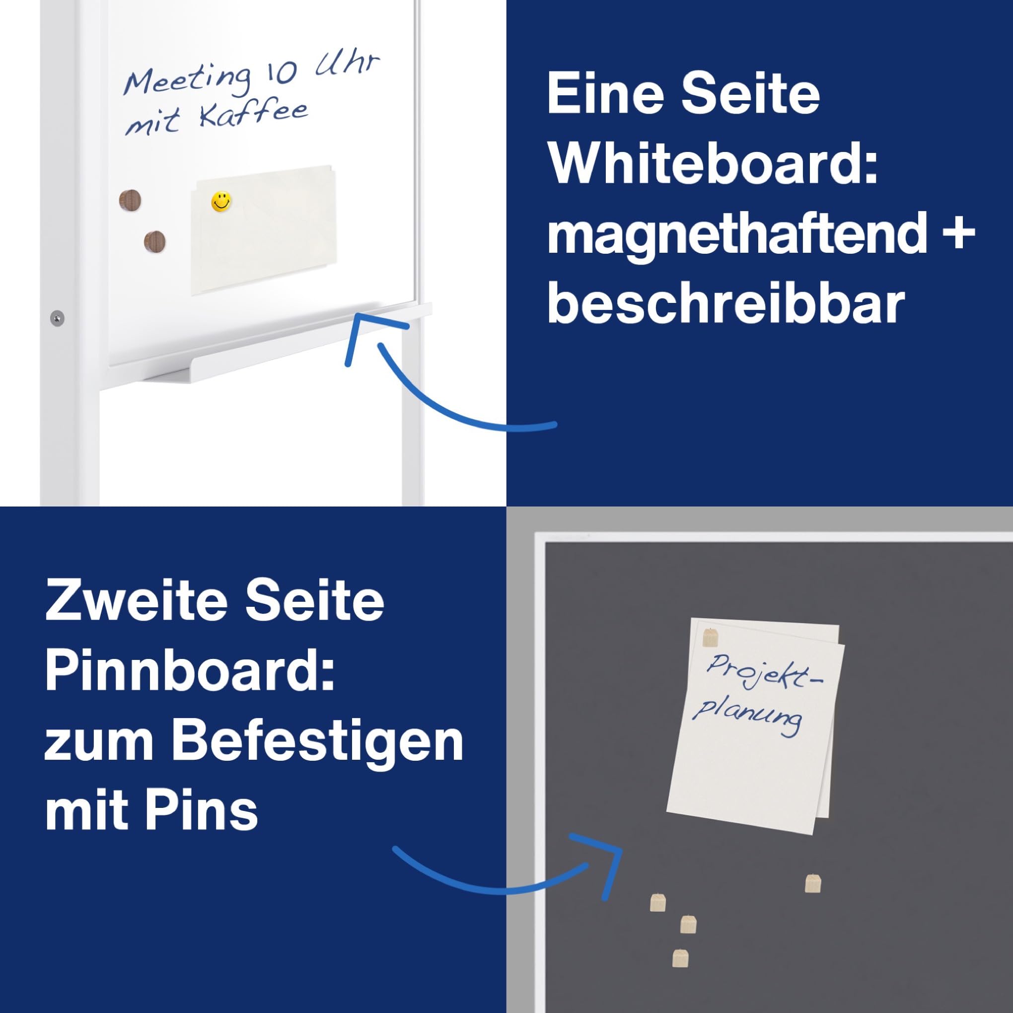 magnetoplan Design-Universalboard, 3in1, Filz grau | Whiteboard + Pinnboard | mobile Moderationswand, Flipchart + Whiteboard | BxH 750x1200mm | Für Agiles Arbeiten | Aluminium Standfüße + Rollen