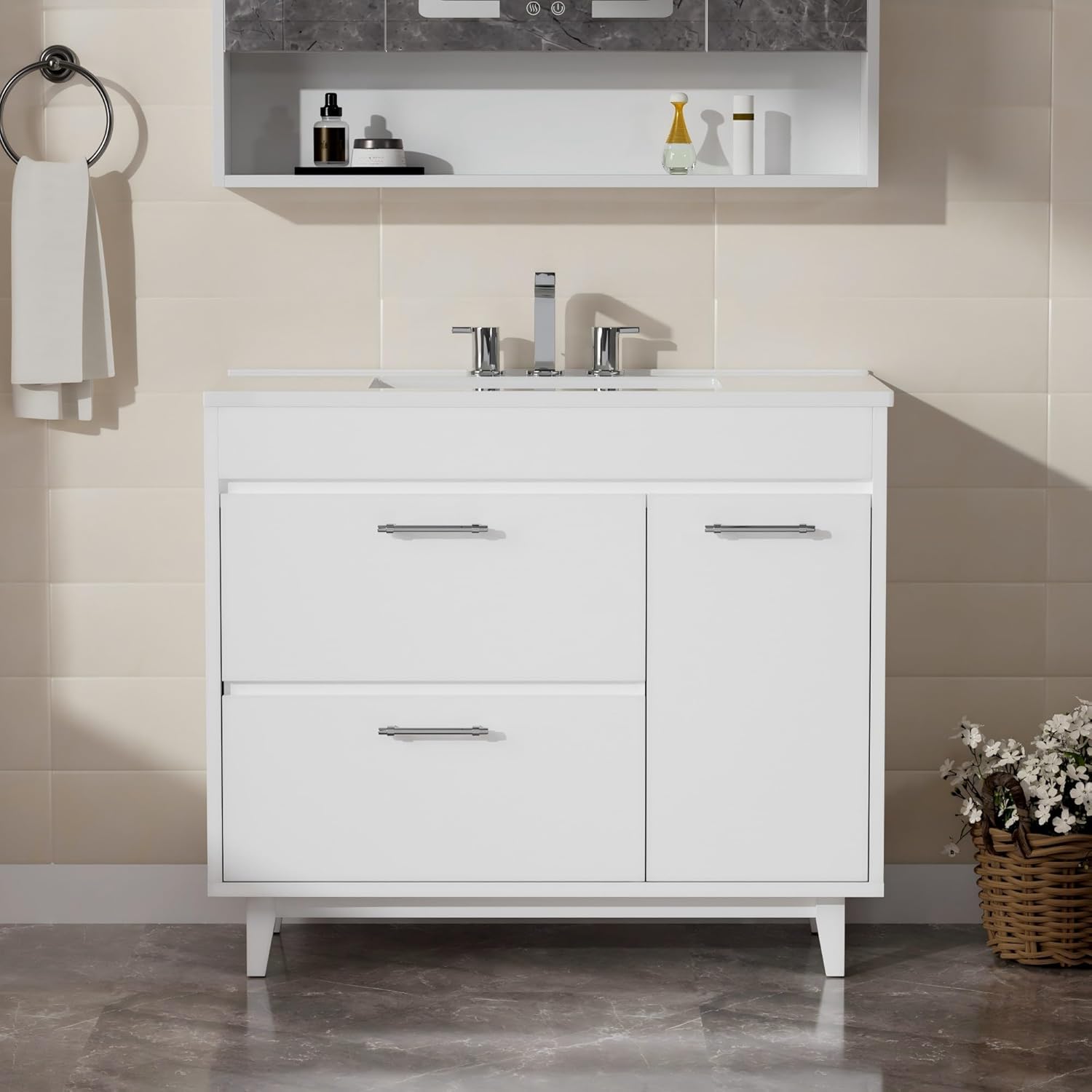 37'' Standard Size Bathroom Vanity with Tops, 3 Drawers, Built-in Power Outlet, Storage Unit (Gray,Assembly Required)