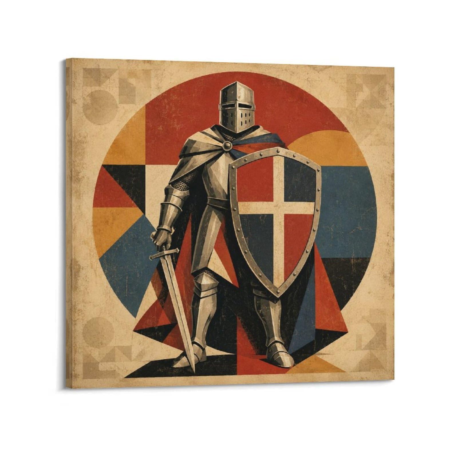 XKUGA Geometric Poster Templar Knight Badge Primary Color Shield Modern Decorative Canvas Prints - Ideal Wall Art for Family, Man Cave, Game Room, Boys & Girls Bedroom 20x20inch(50x50cm)