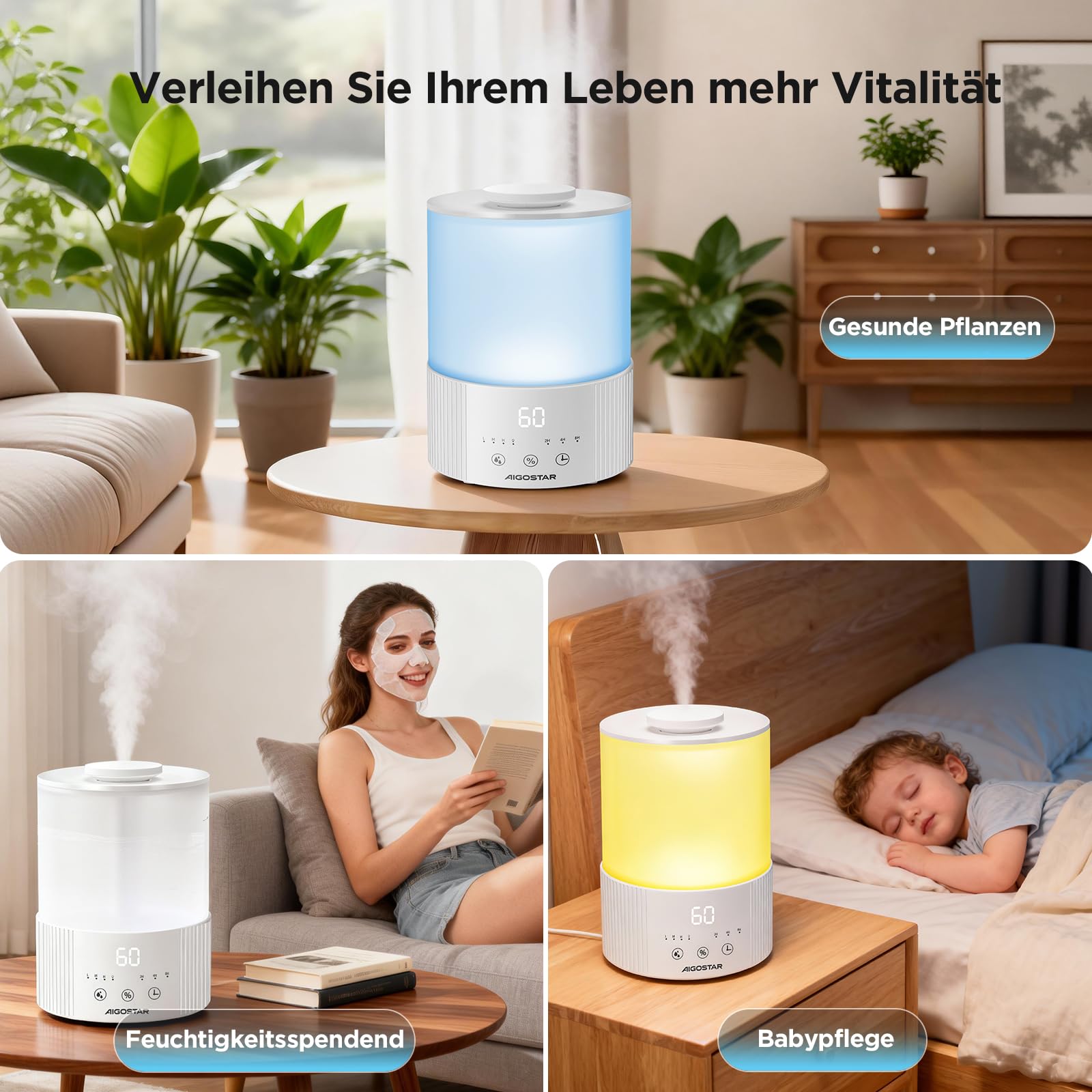 Aigostar Luftbefeuchter Schlafzimmer mit Hygrometer – 2,5 L Ultraschall Raumbefeuchter, 28 dB leise, Aroma Diffuser für ätherische Öle, 3 Nebelstufen & Timer – für Baby, Pflanzen & Büro