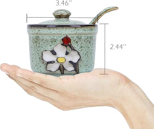 Miniatura 2 de VanEnjoy Retro Cuencos Redondos de Azúcar de Cerámica Pintados a Mano con Flores Recipientes de Especias Juego de Tarros de Porcelana con Cuchara