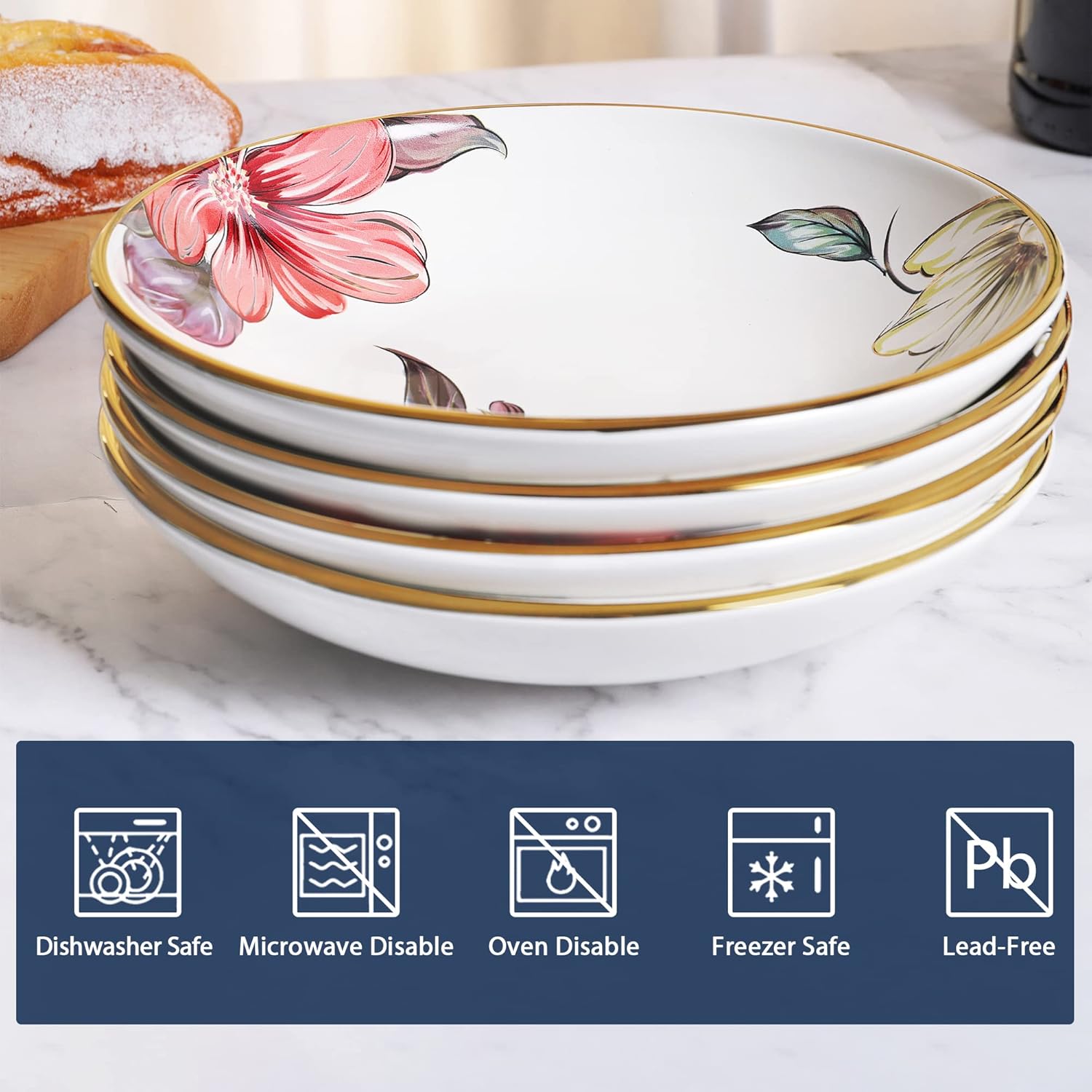 fanquare Japanese Style Porcelain Pasta Bowl Set of 4, 500 ml Flower and Leaf Pattern Salad Bowl