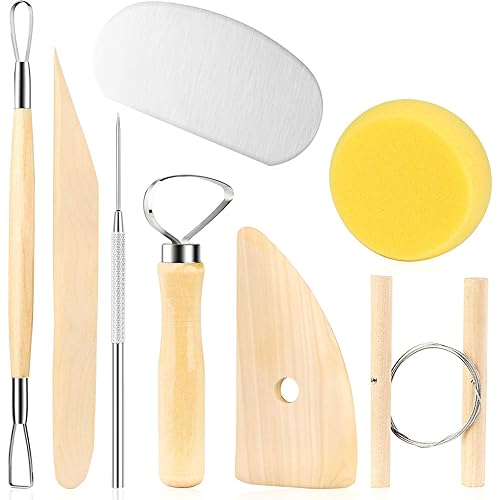 8 Pieces Wooden Pottery Sculpting Clay Cleaning Tool Set, Includes Clay Cutting, Modeling, Trimming Tools, for Beginner Level Pottery and Smoothing, Cleaning, Carving, Shaping and Sculpting