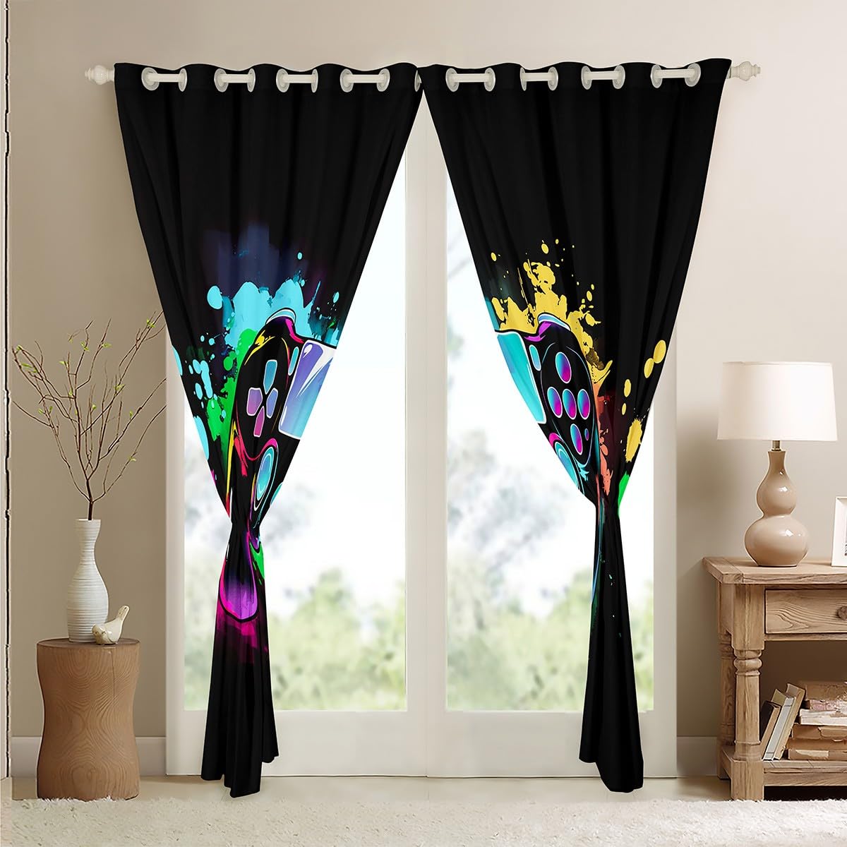 Loussiesd Cortinas opacas para dormitorio, sala de estar, 66 pulgadas de ancho x 90 pulgadas de largo, 30% a 50% de oscurecimiento de la habitación, moderno controlador de consola de juegos, cortinas