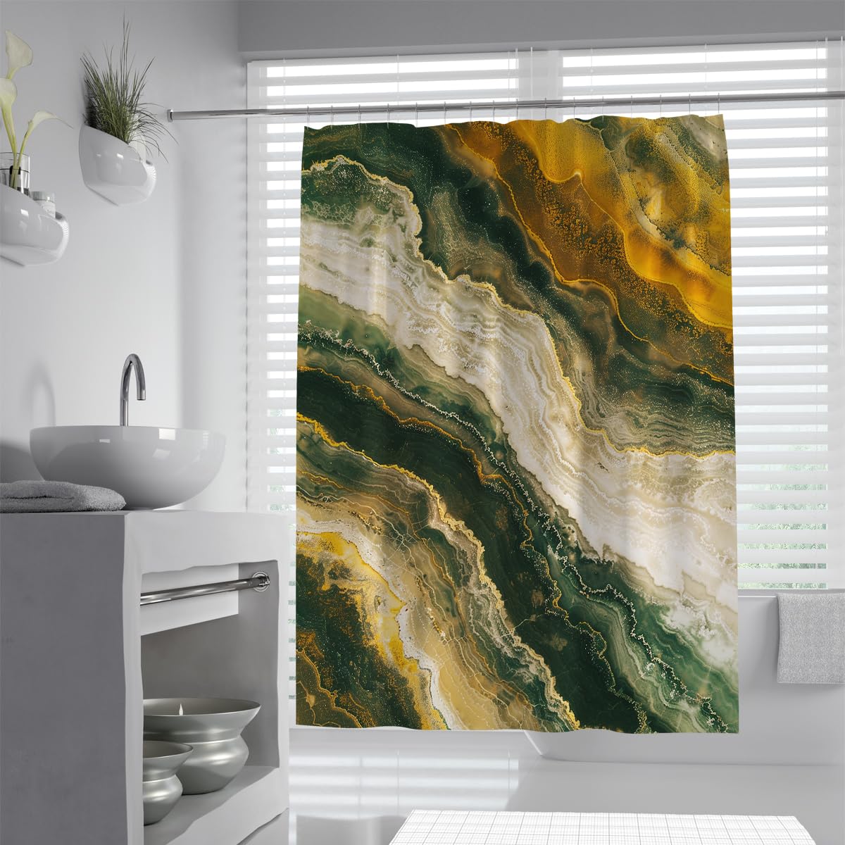 UIRINGART Luxury Bath Curtain W150xL200cm Emerald Green Yellow White Agate Geode Fluid Pattern Machine Washable Quick Drying Home and Hotel Bathroom Decor