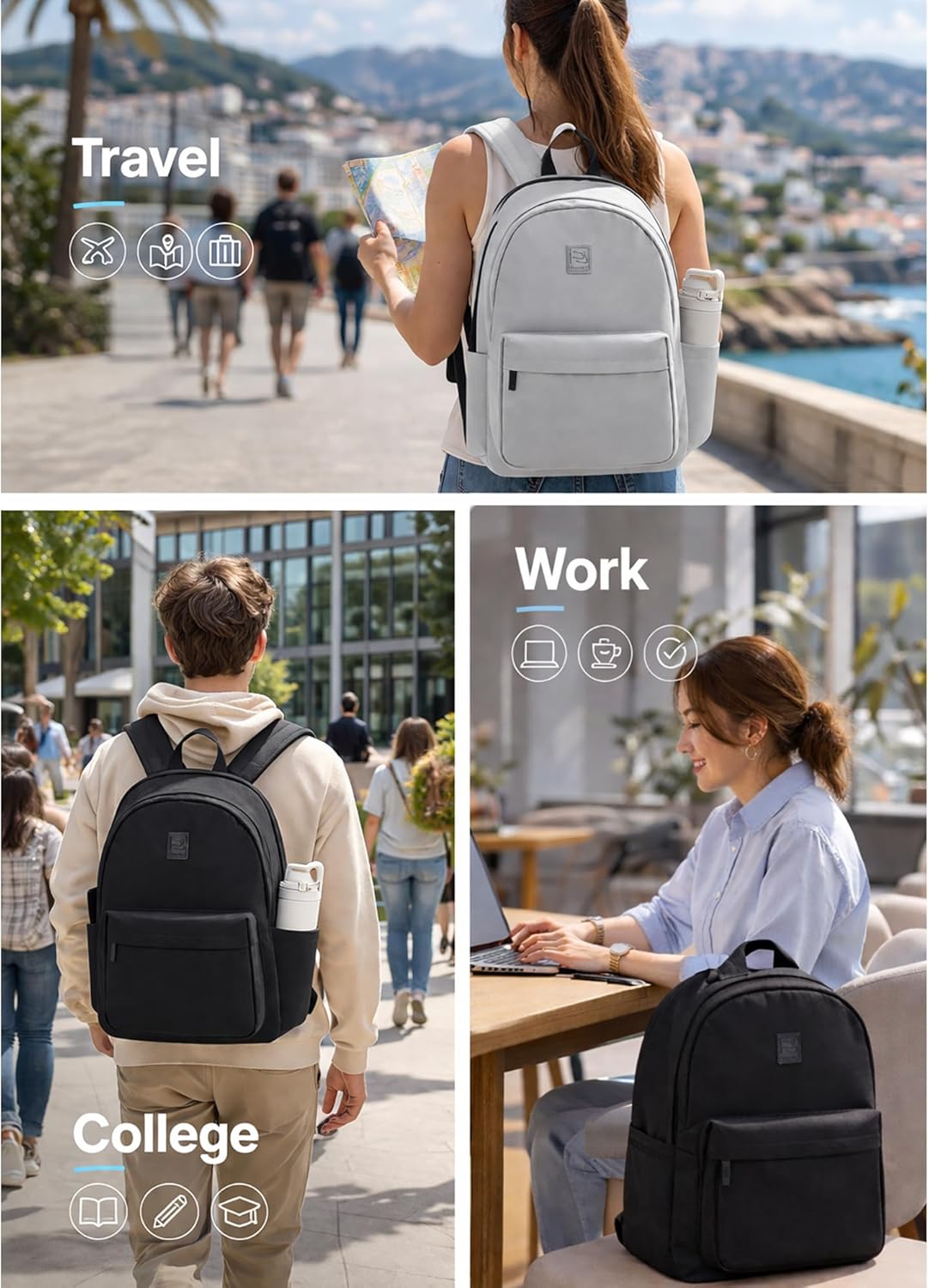 Hanke Travel Backpack for Women Men, 15.6 Inch Laptop College Backpack, Lightweight Small Computer Bookbag, Water-Resistant Casual Daypack, Grey