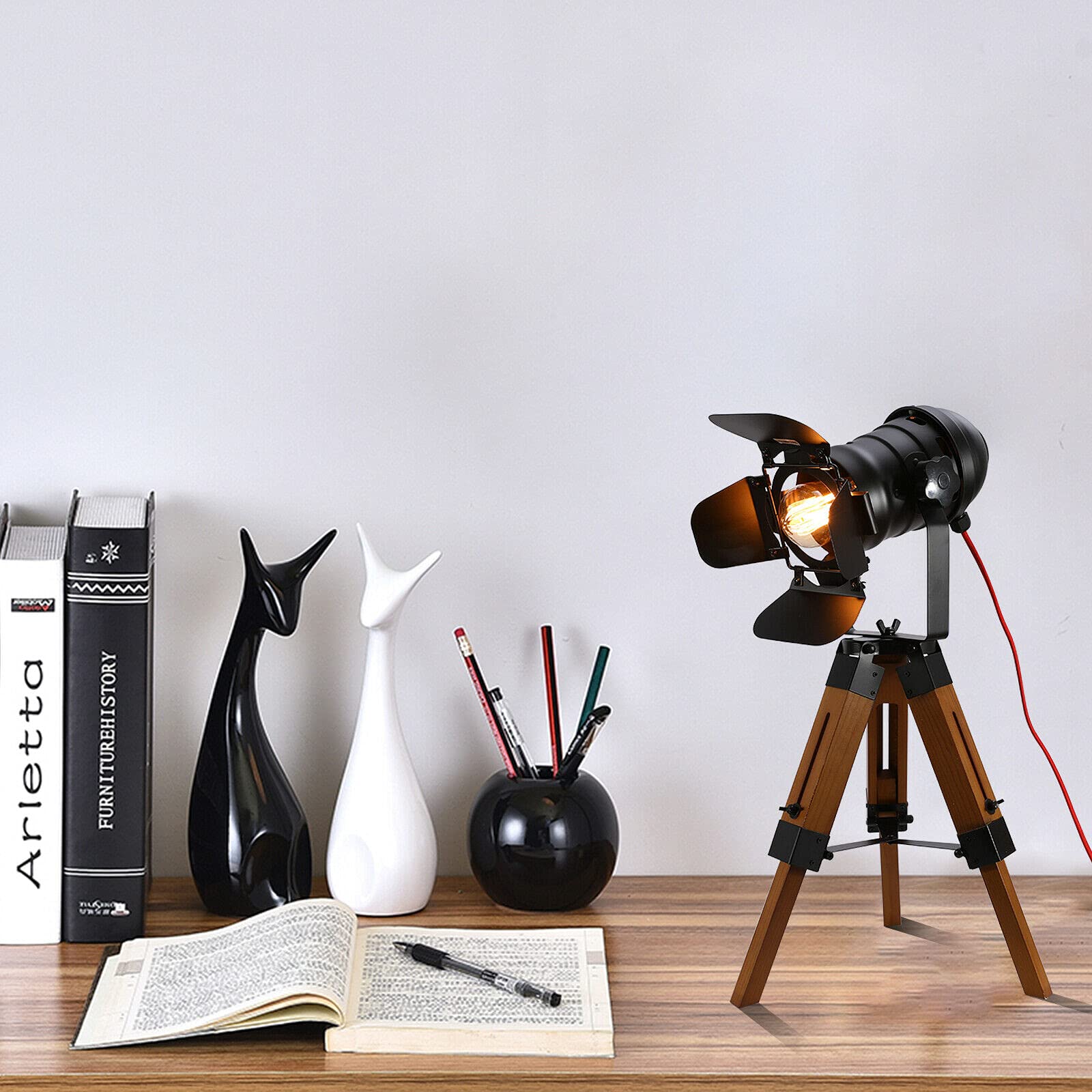 SHZICMY Holzstativ Tischlampe Vintage Nachttischlampe Schreibtischlampe Tischlampenständer Verstellbare Retro Lampe Stehlampe Stativ Scheinwerfer Dekorlampe