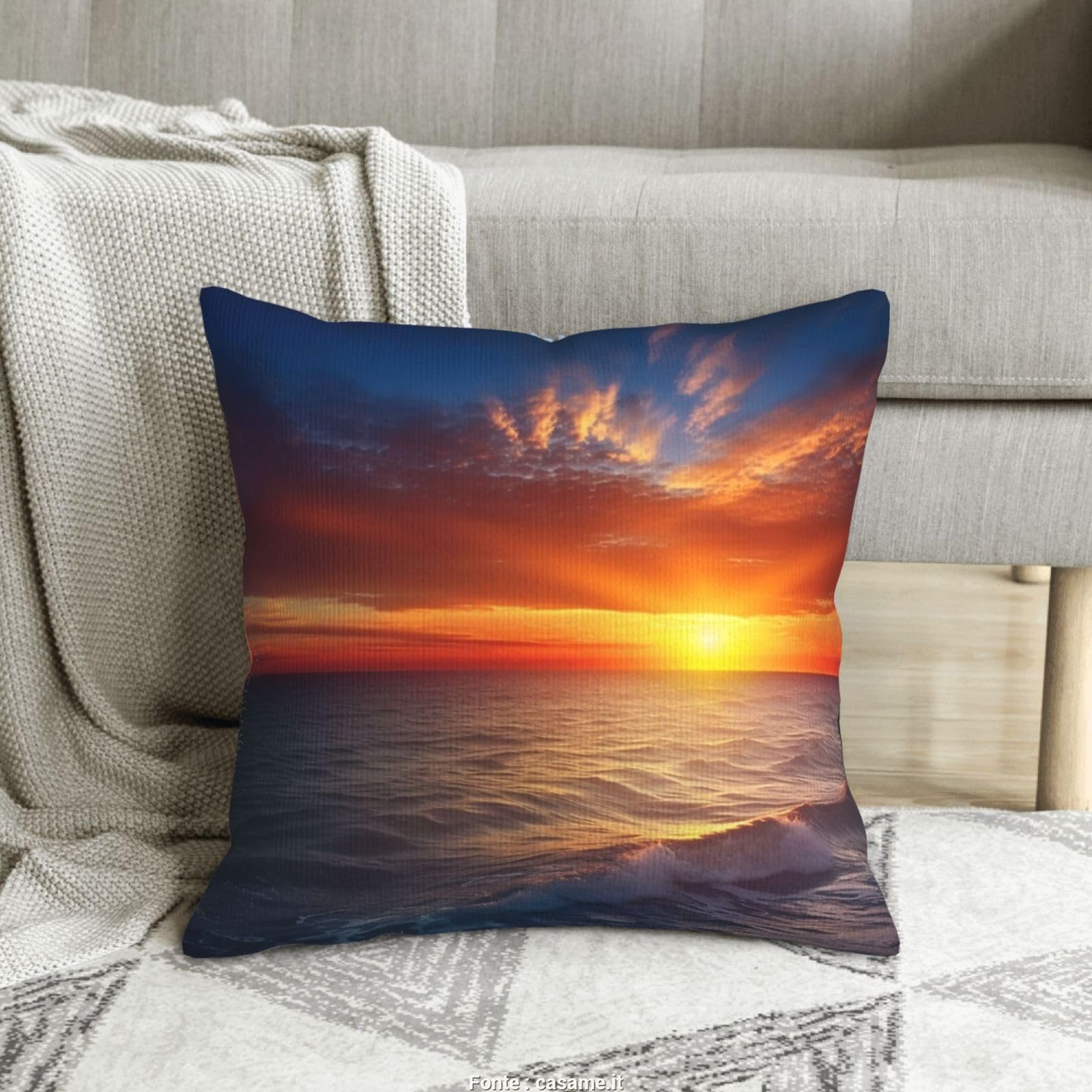 Housse de coussin velours côtelé 40x40 cm motif mer et coucher de soleil pour canapé et salon
