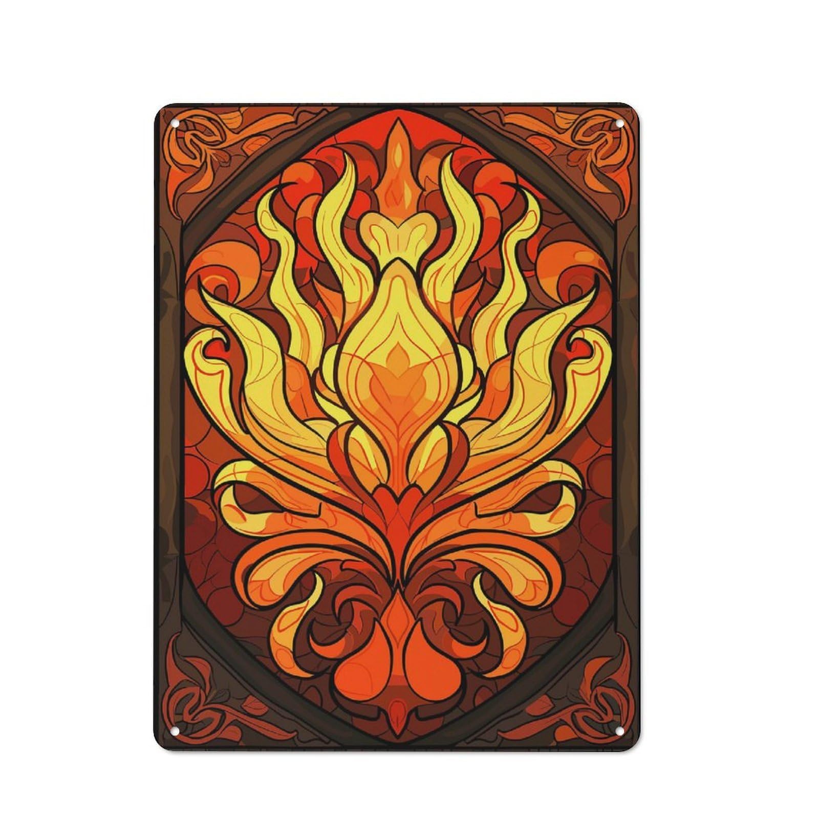 Junmoney Style-24 Fiery Floral Stained Glass Design Decorative Metal Sign 40X30cm, Country Style Bistro Wall Plaque For Kitchen, Cafe, Pantry Or Dining Room