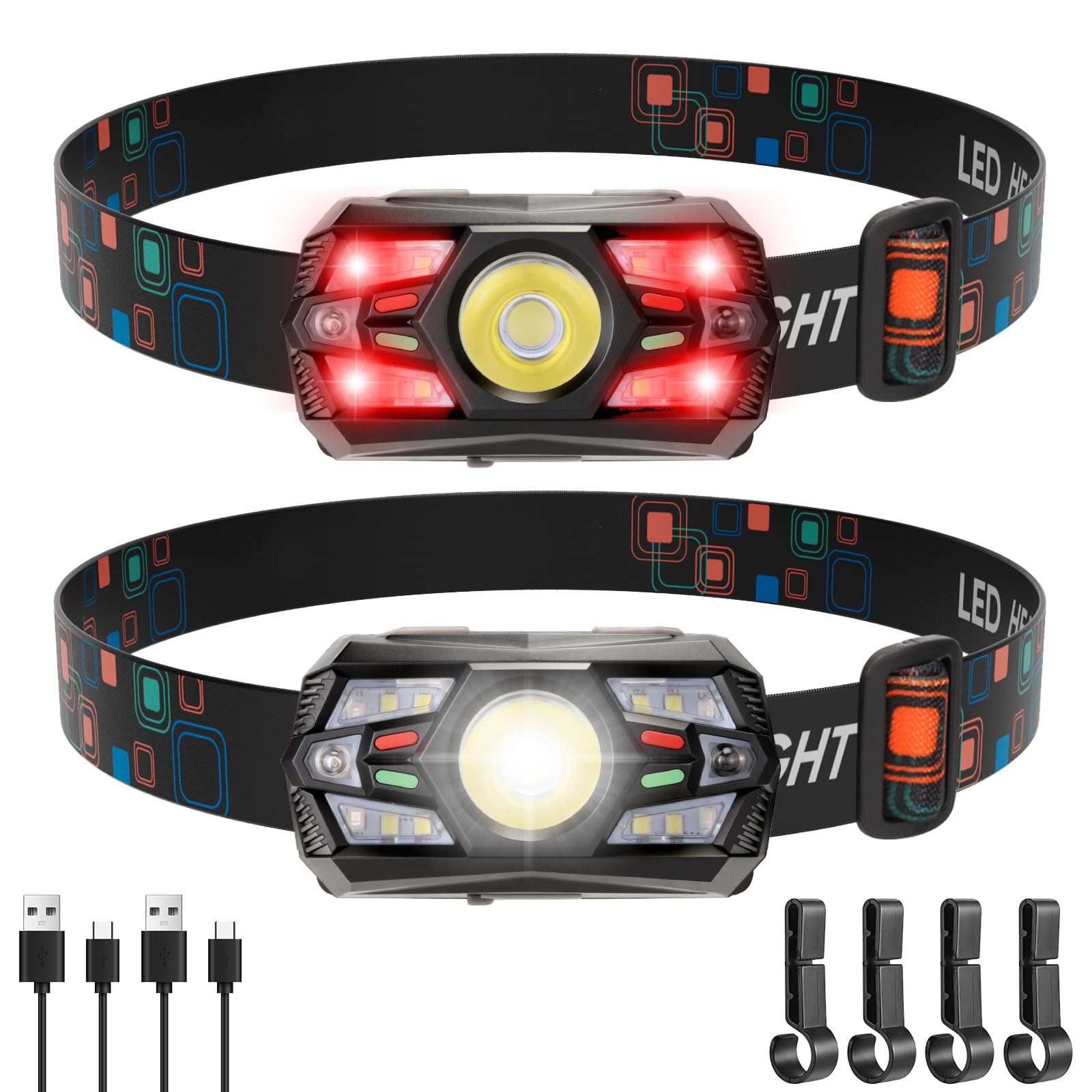 NAKCNM Head Torch Rechargeable 2 Pack, Motion Sensor LED Headtorch with Red Light, 2000 Lumens Headlight with 5 Modes, Lightweight Waterproof Headlamp for Running, Fishing, Camping for Kids & Adults