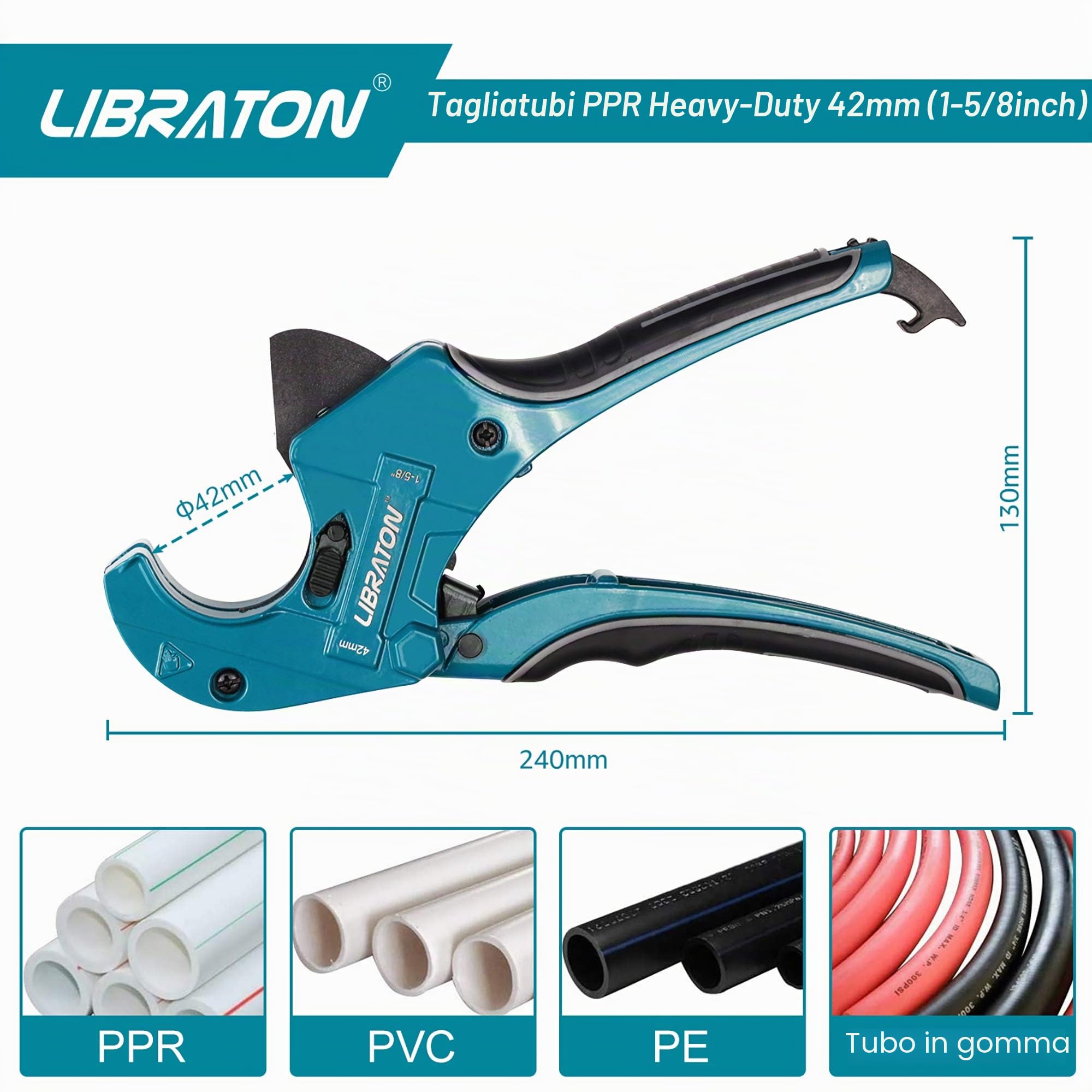 Libraton PVC Tagliatubi, 42mm Taglierina per tubi in PVC, Macchina da Taglio a Cricchetto per Tagliare di Tubi in PVC, PPR, PEX, Idraulici