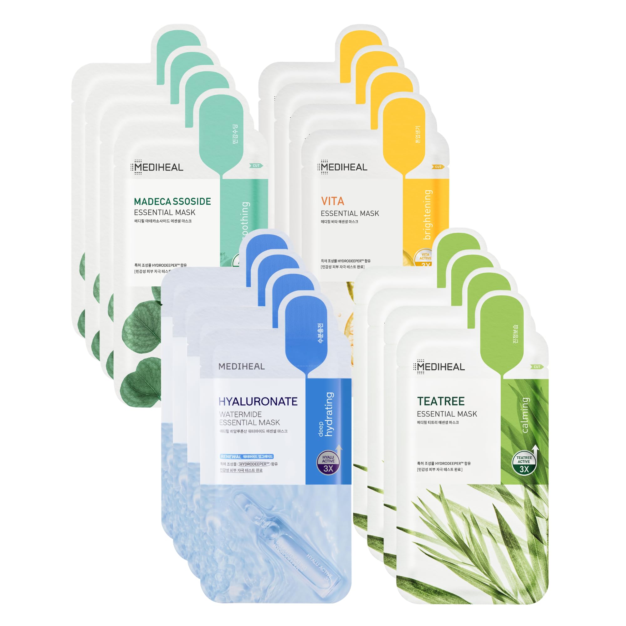 MedihealSheet Mask New Essential HERO 16 pack (Hyaluronate, Tea Tree, Madecassoside, Vita) | Korean Skincare Facial Sheet Mask Combo gift set