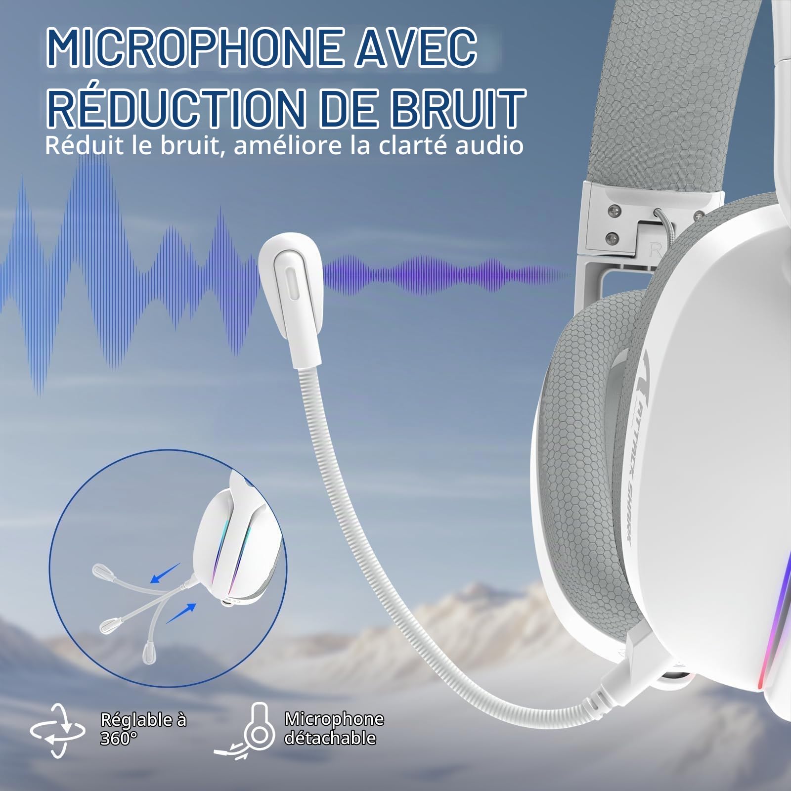 ATTACK SHARK L90 Casque Gaming sans Fil Ultra-Léger, BT, 2.4G, Câblé 3.5mm, Éclairage RGB Pliable, Son Surround 7.1 Over-Ear avec Microphone Antibruit Détachable, pour PC, Mobile - Blanc