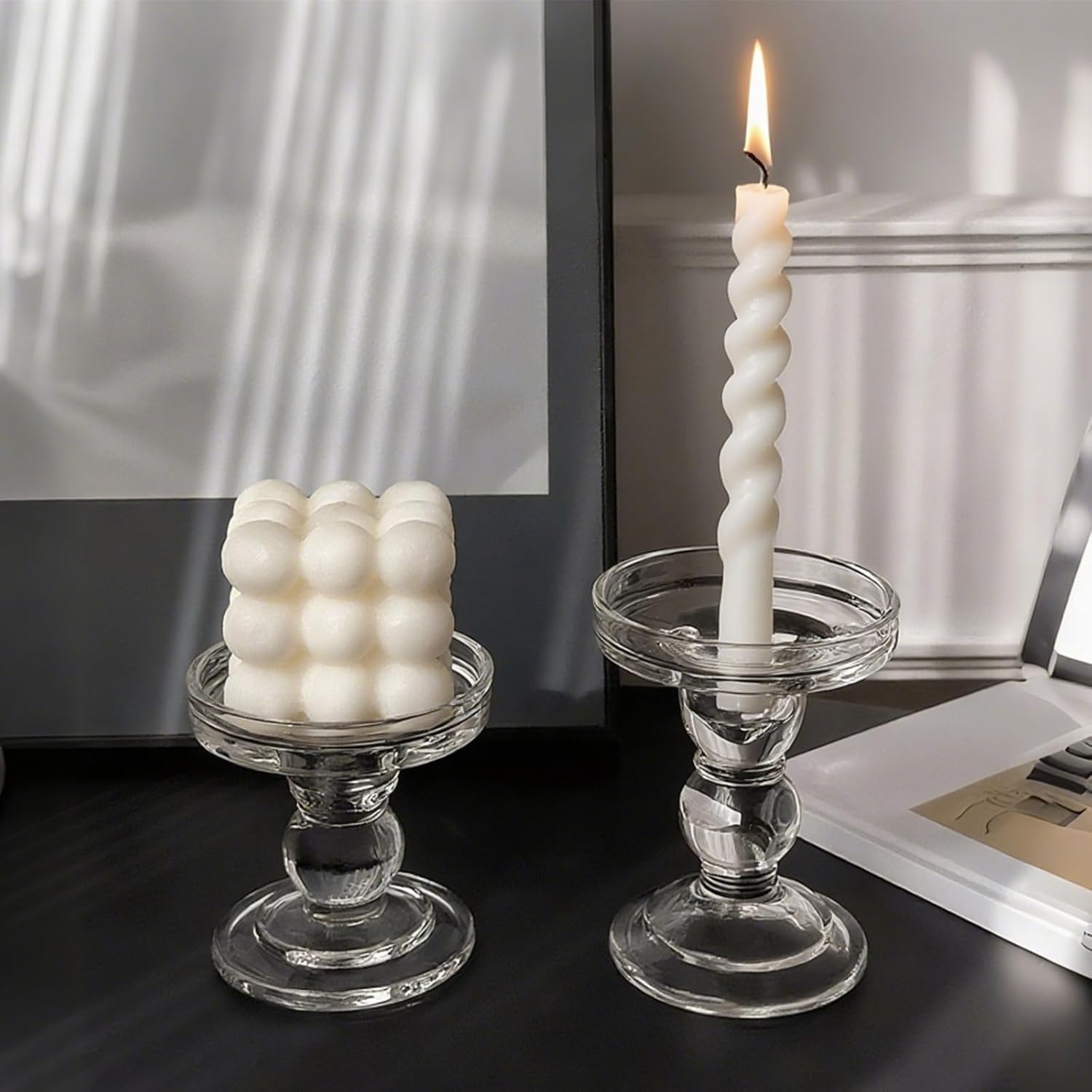 Okllen Set of 6 Glass Candle Holders, Clear Pillar Taper Candlestick Crystal Tealight Candle Holder Stand for Dinner Table, Wedding Centerpieces, Living Room, Home Decor
