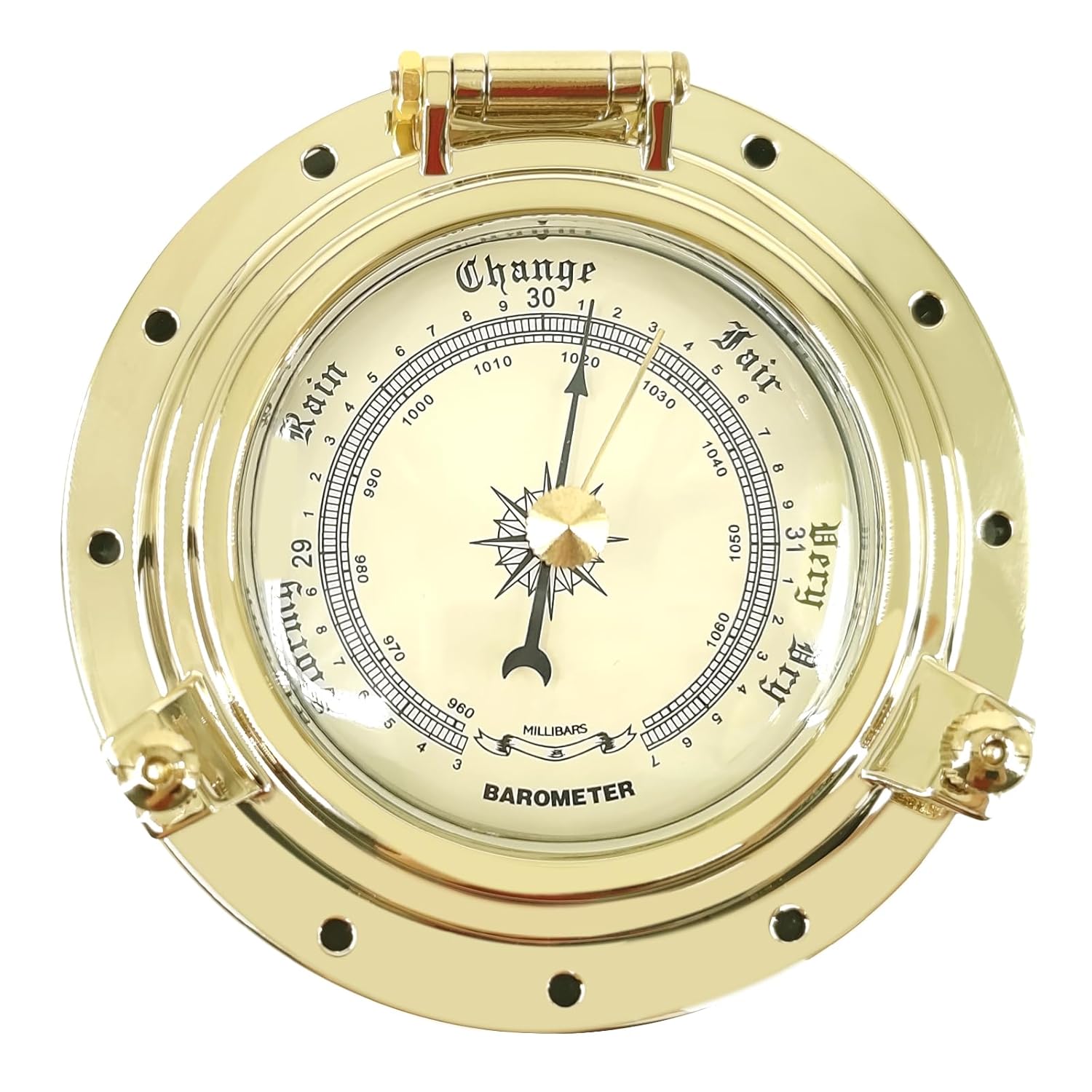 THALASSA 3.8-Inch Marine Brass Boat Barometer of 2.5-Inch Opening, Precision Weather Station for Ships, Corrosion-Resistant, Easy Installation, Accurate Air Pressure Measurement for Safe Navigation