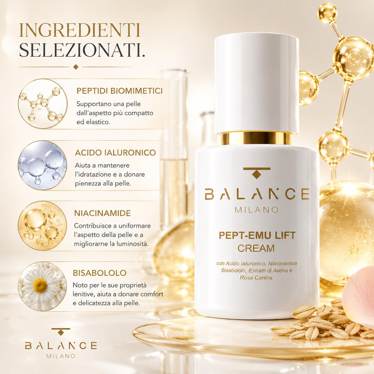 Crema Viso Idratante Acido Ialuronico e Niacinamide - Made in Italy - 50ml | Crema Illuminante Viso Rosa Canina e Avena - Anti Age a Rapido Assorbimento - Tutti Tipi di Pelle - Skin Care BALANCE MILANO