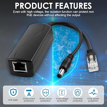 Active PoE Splitter 48V to 12V 2A Output, 5.5x2.1mm DC Plug, Ethernet POE Splitter Adapter 10/100Mbps with IEEE 802.3af/at Standard for Security Camera CCTV Surveillance Device/Voip Phone