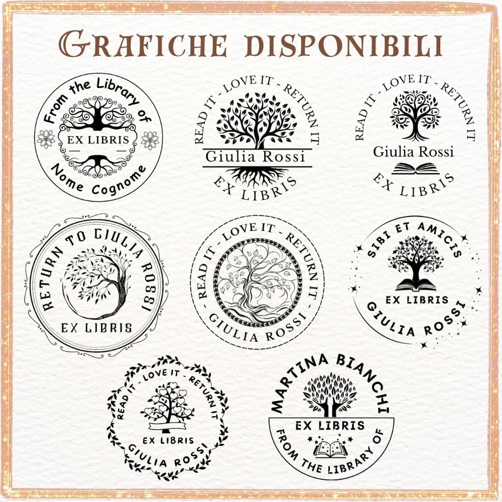 Ex Libris Personalizzabile Timbro Personalizzato in Legno Albero della Vita Idea Regalo con Scatola e Nastro 6 Grafiche Inchiostro Nero