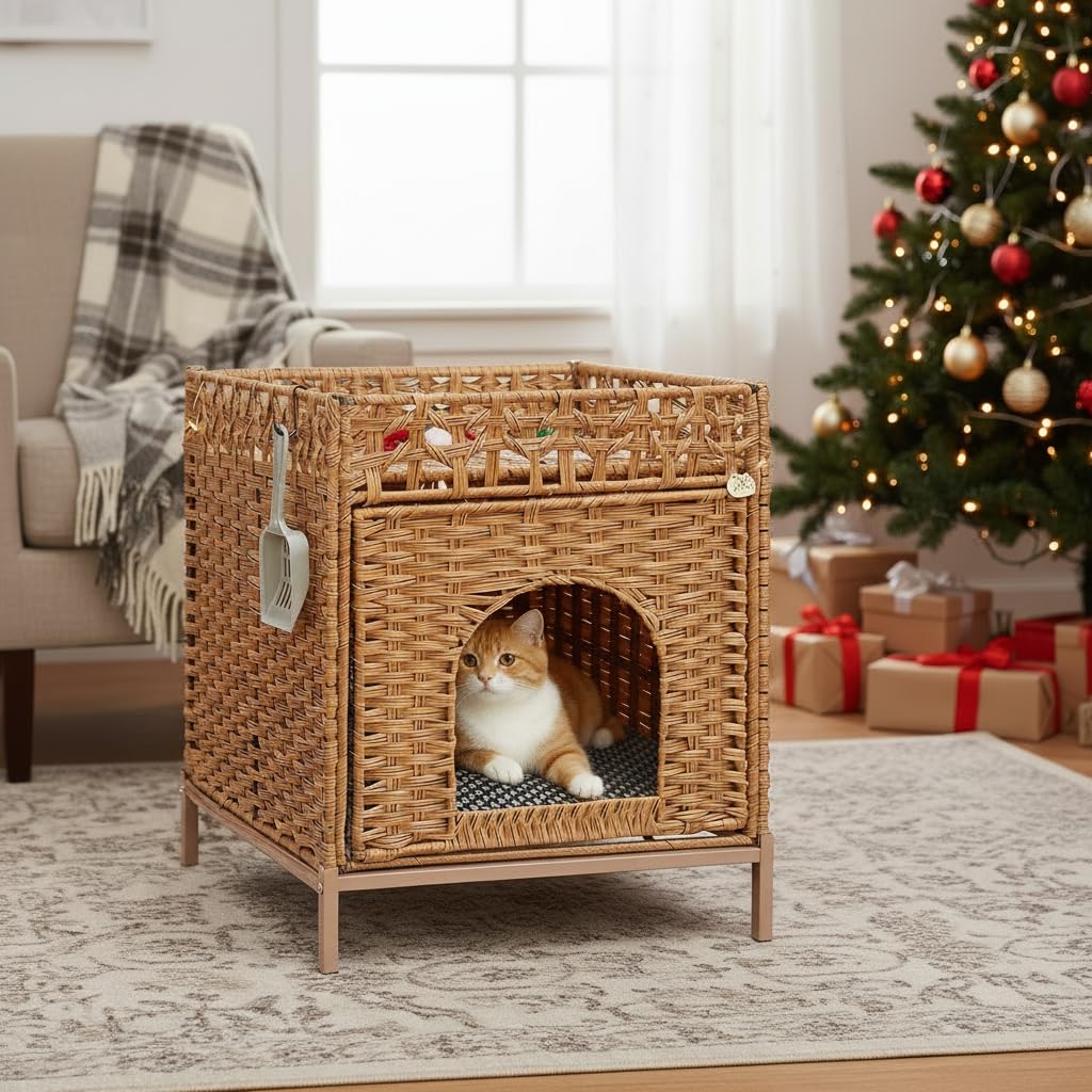 Homegroove Lettiera per gatti nascosta, con tappetino morbido e recinzione, comoda cuccia in rattan intrecciata a mano, con ganci a forma di S, per soggiorno, camera da letto (noce)
