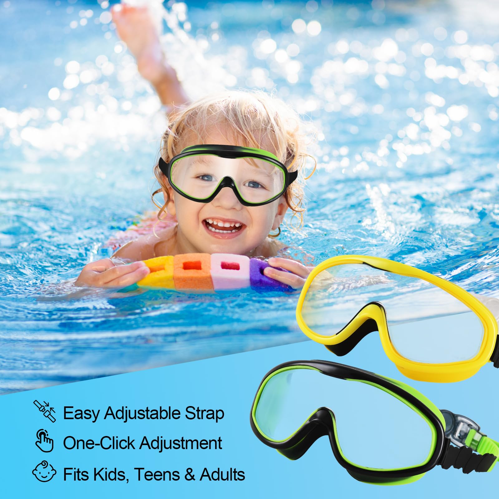 Ensemble de lunettes de natation avec revêtement anti-buée et protection UV - Noir et bleu - Bouchons d'oreille inclus