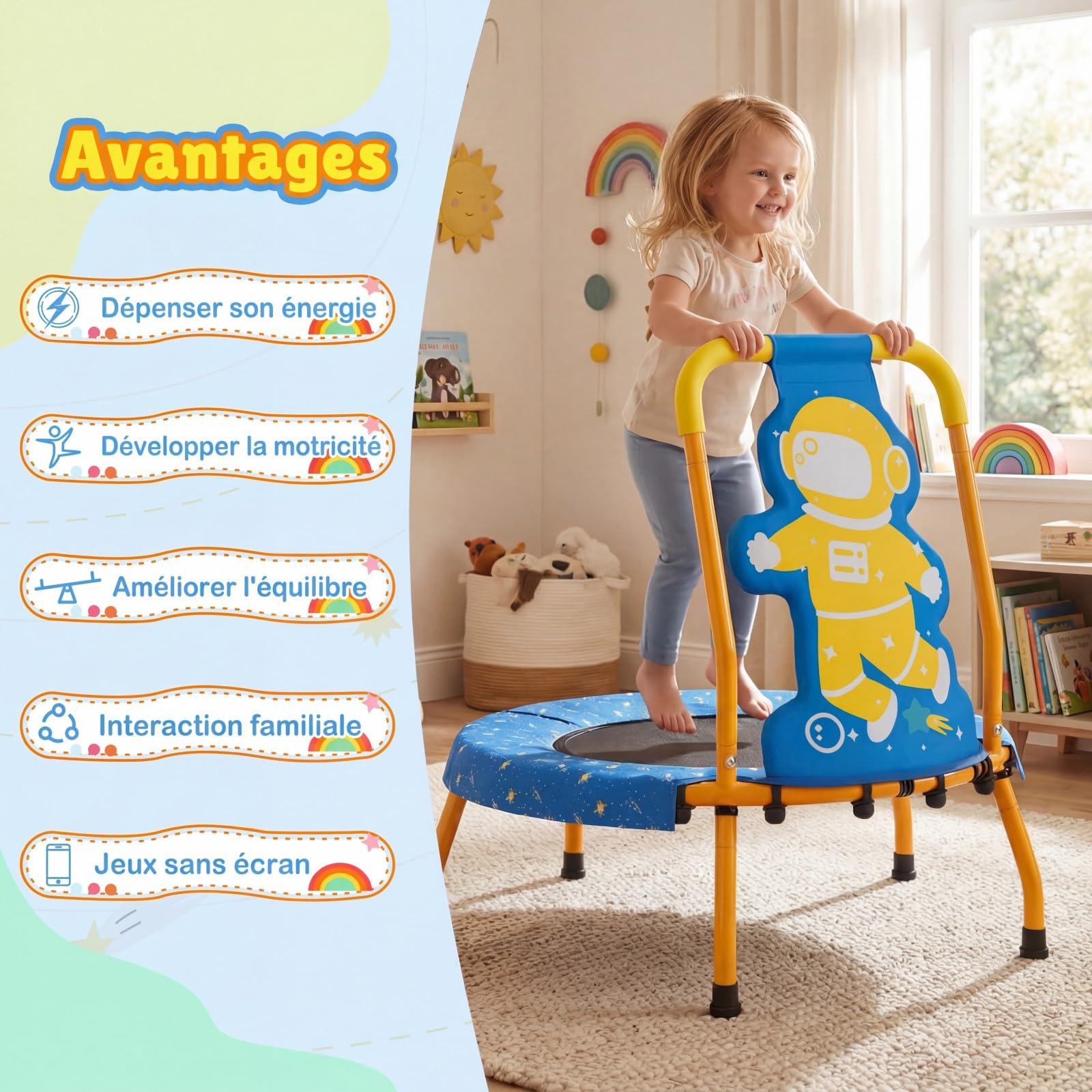 GYMAX Petit Trampoline Intérieur Extérieur pour Enfants 3 à 6 Ans, avec Poignée en Mousse, Tapis de Saut sans Entraves, Charge Max.80kg, Motif Ludique