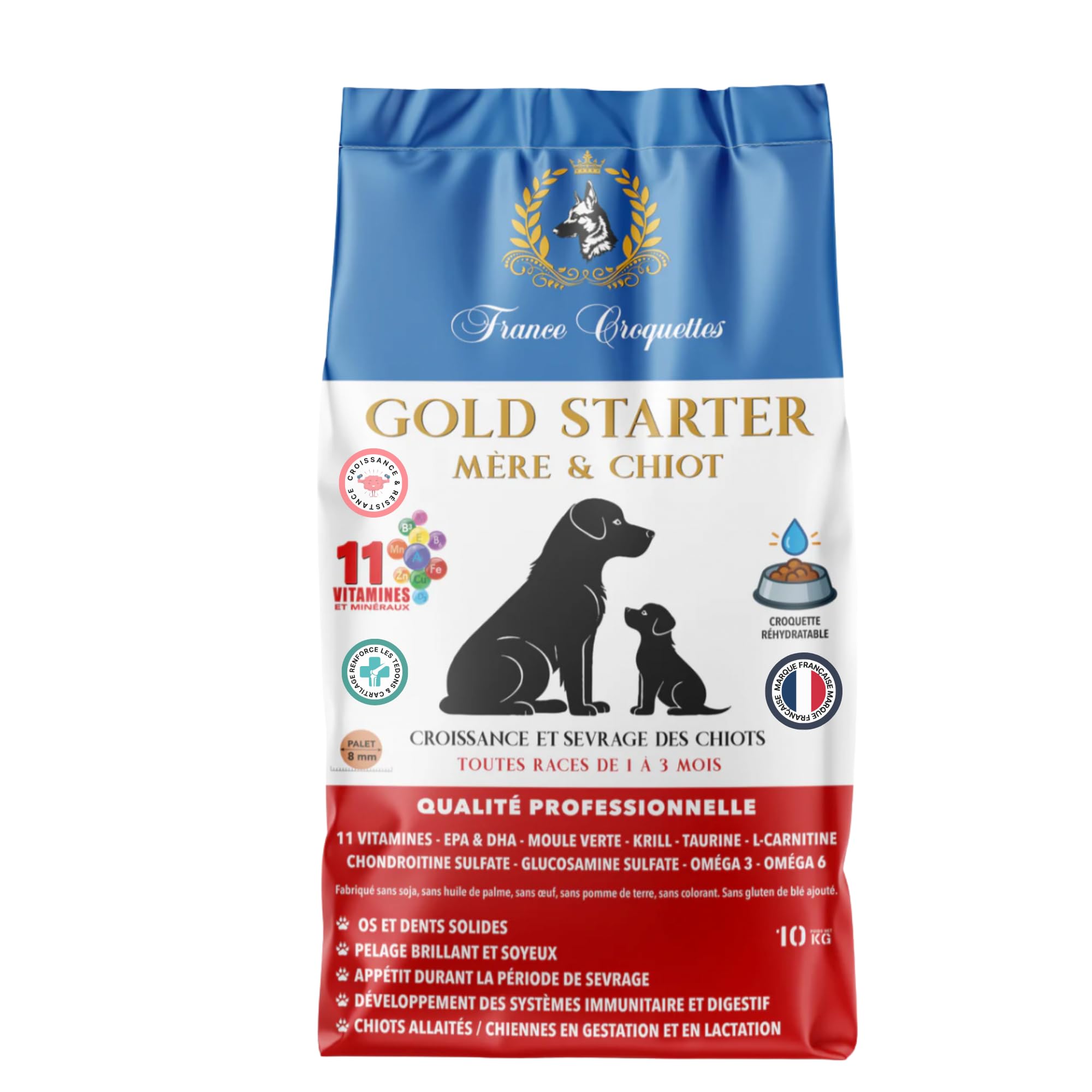 Croquettes Chiens Premium – Gold Starter Mère & Chiots 1 à 3 Mois & Chiennes Gestantes | Croissance, Sevrage Facile, Immunité, Digestion & Vitalité | Fabrication Française – Sac 10 kg