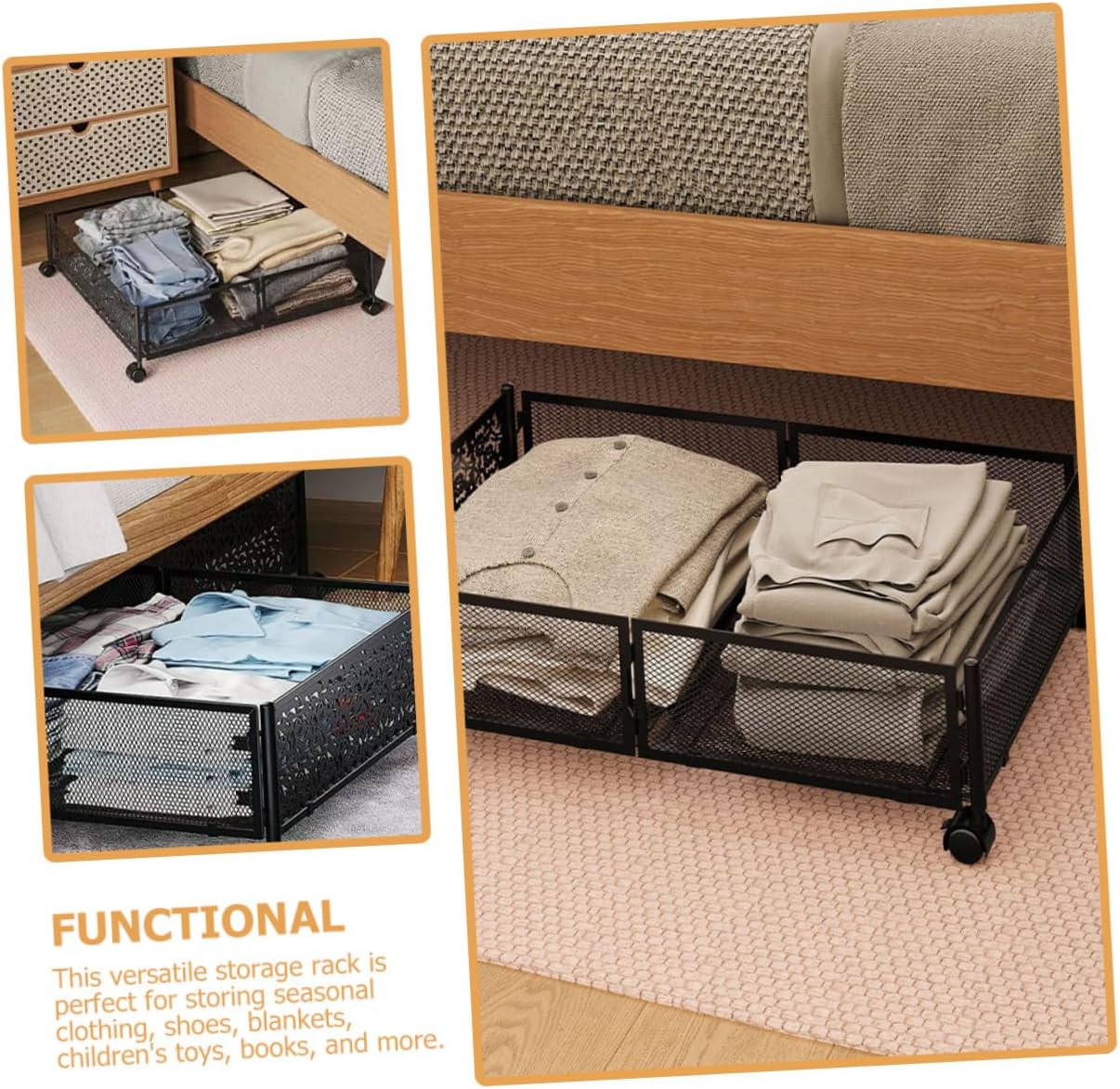 Zerodeko Bed Storage Organizer with Wheels Large Steel Underbed Storage Bin for Bedroom Clothes and Shoes Black