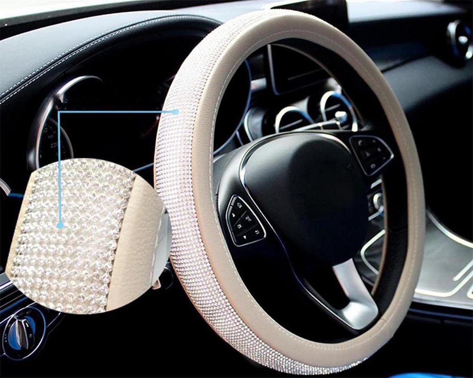 acdiacBling Bling Girl Diamond Car Steering Wheel Cover Crystal Rhinestone Leather Non-Slip Universal 15 Inch/38 cm (Beige)