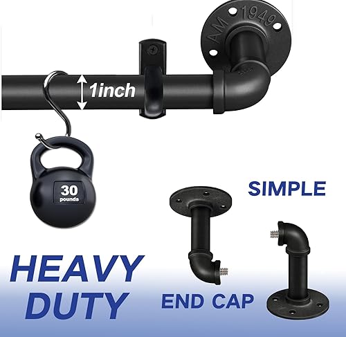 Miniatura 3 de Barras de cortina negras para ventanas de 66 a 120, barra de cortina industrial de 1 pulgada, barras de cortina negras de 1 pulgada, barras de