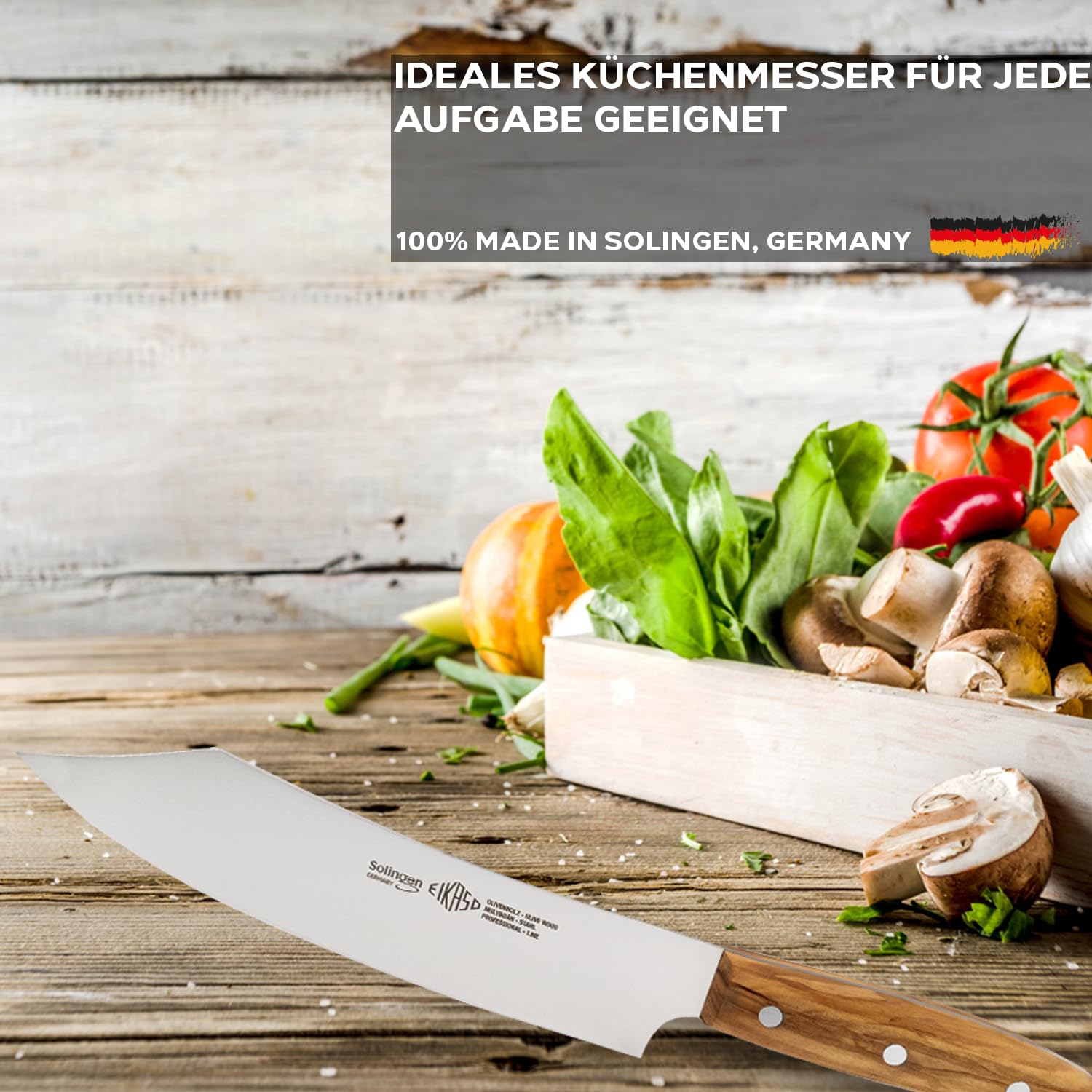 EIKASO Solingen Germany Kochmesser 21cm Klinge Profi Messer - Chefmesser Allzweckmesser mit extra scharfer Klinge aus Molybdänstahl 1.4116 - Küchenmesser Made in Germany