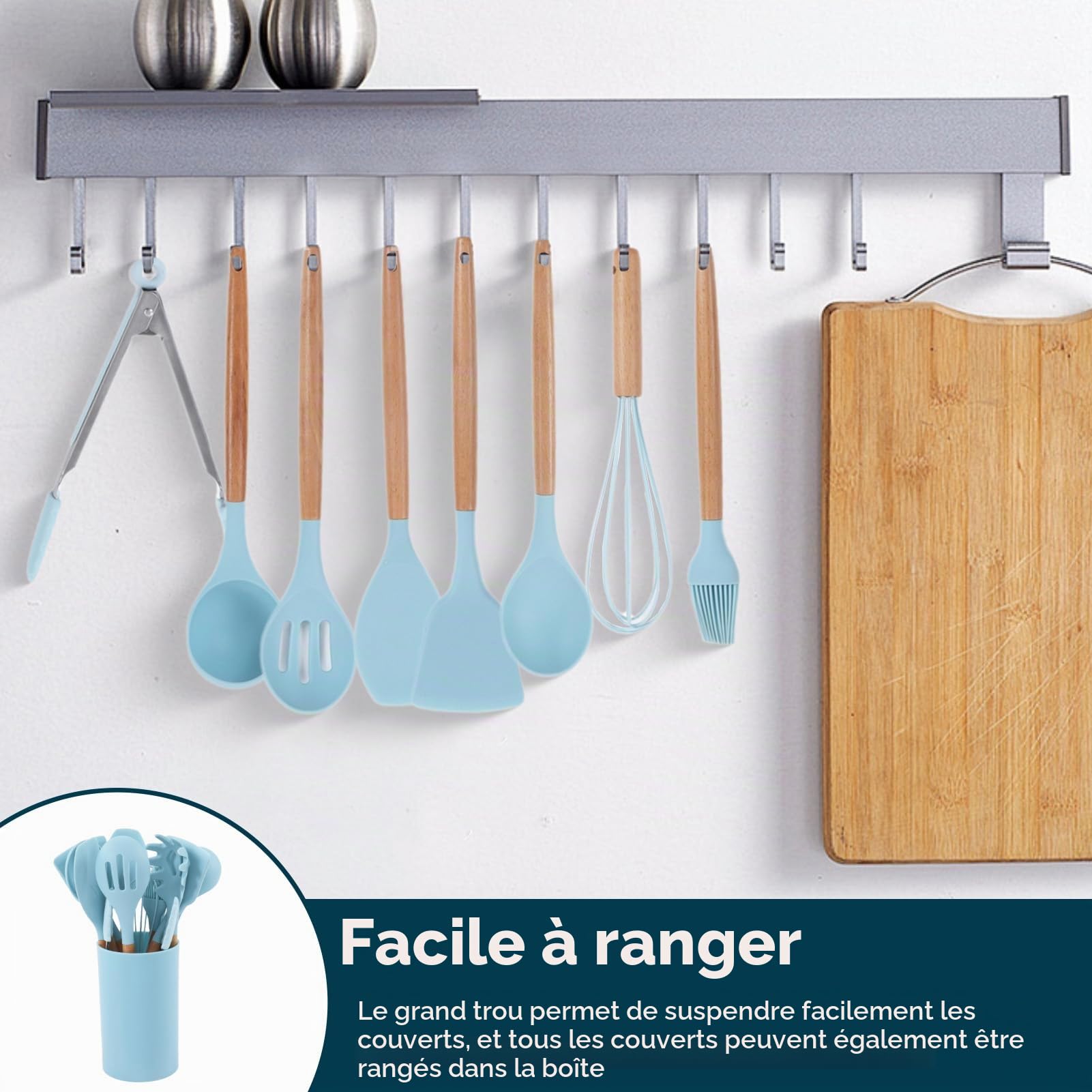 Ensemble d'ustensiles de cuisine 12pcs, ensemble d'ustensiles de cuisine en silicone bleu clair ustensile de cuisine antiadhésif avec manche en bois ustensiles de cuisine en silicone