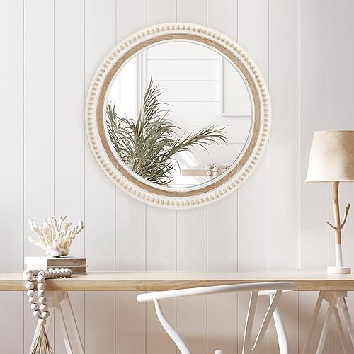 Miniatura 4 de Espejo decorativo redondo de madera para pared, espejo de granja con cuentas blancas, espejo blanco rústico envejecido de 31.5 pulgadas para