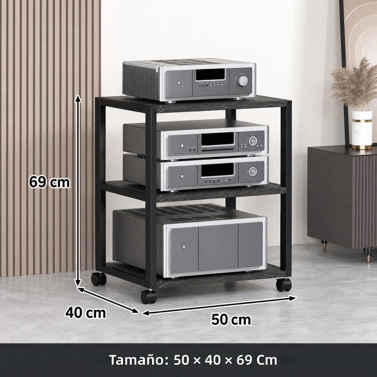 Scaffale Audio Mobile a più Piani, Supporto per Amplificatore a Valvole e Amplificatore di Potenza, Rack per Apparecchiature e Altoparlanti Domestici (Lavagna Nera, 3 Ripiani)
