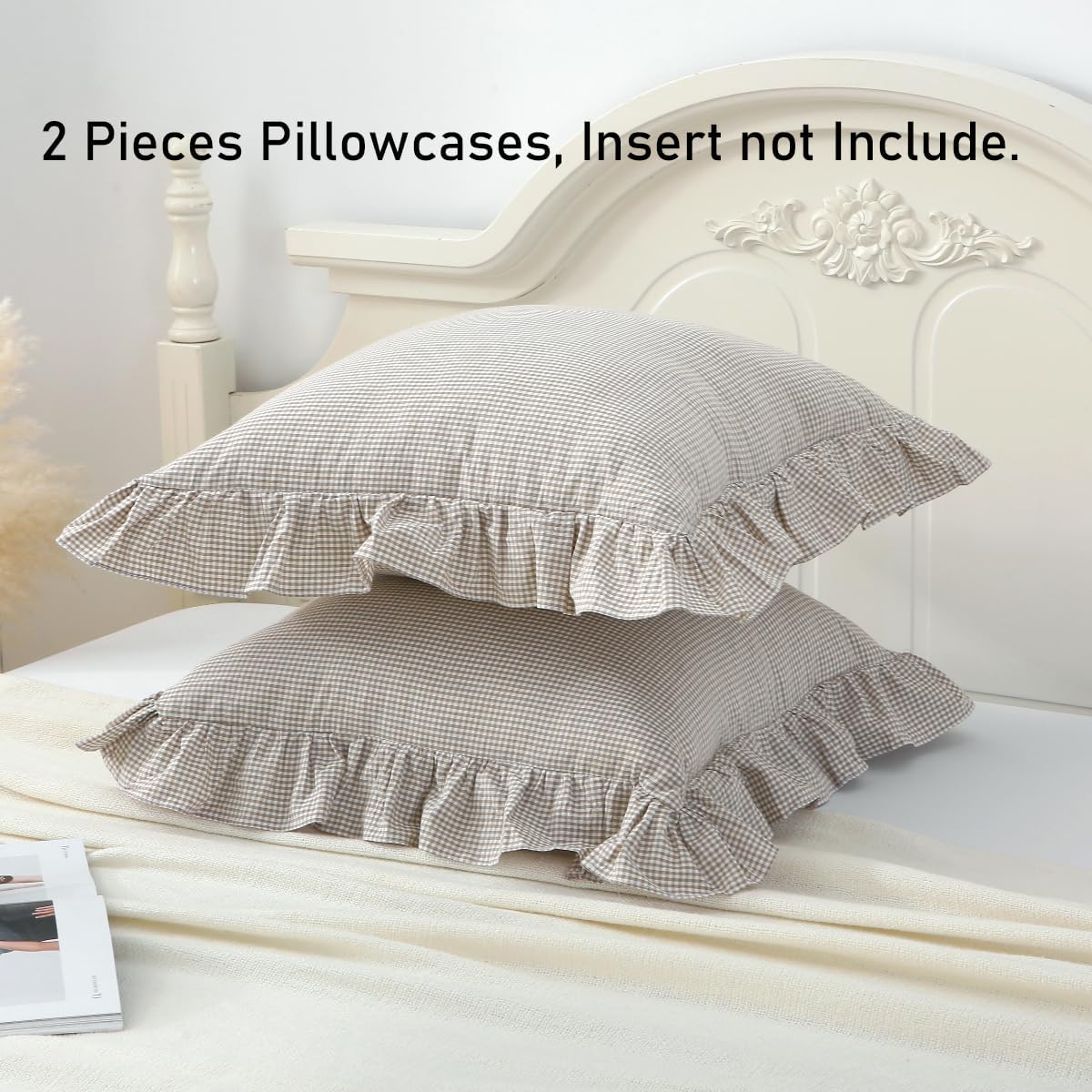Silnuo Brown/White Ruffle Plaid Throw Pillow Covers Farmhouse Checkered Gingham Pillowcases 18"x18" Pillow Shams for Couch,Sofa,Bed and Living Room