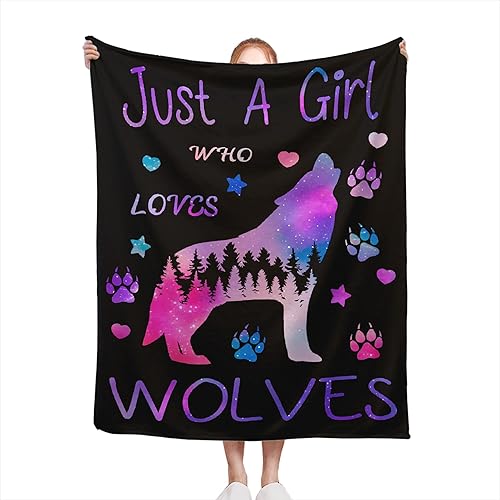 Manta divertida de forro polar con texto en inglés "Just A Girl Who Loves Wolves", suave y acogedora para regalo, decoración de pícnic para niños y