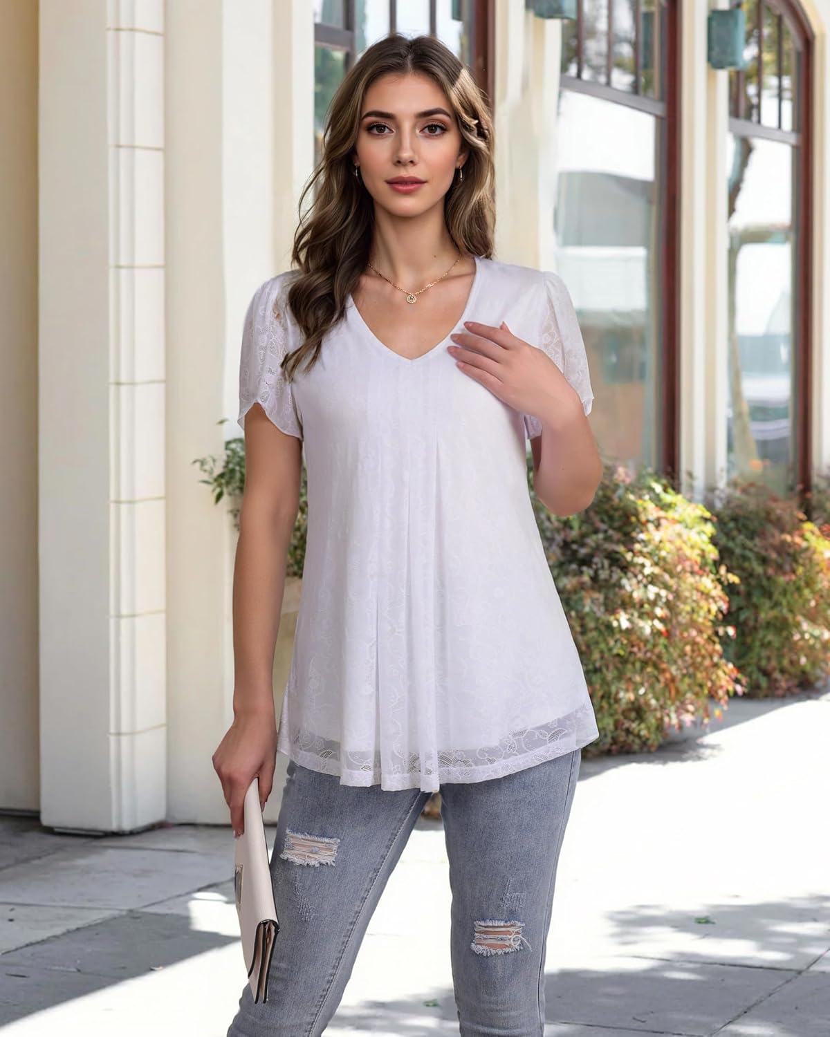 VALOLIA Womens Tops Short Sleeve Shirts Casual V Neck Blouse Double Layers Mesh Tunics Tops - Image 3