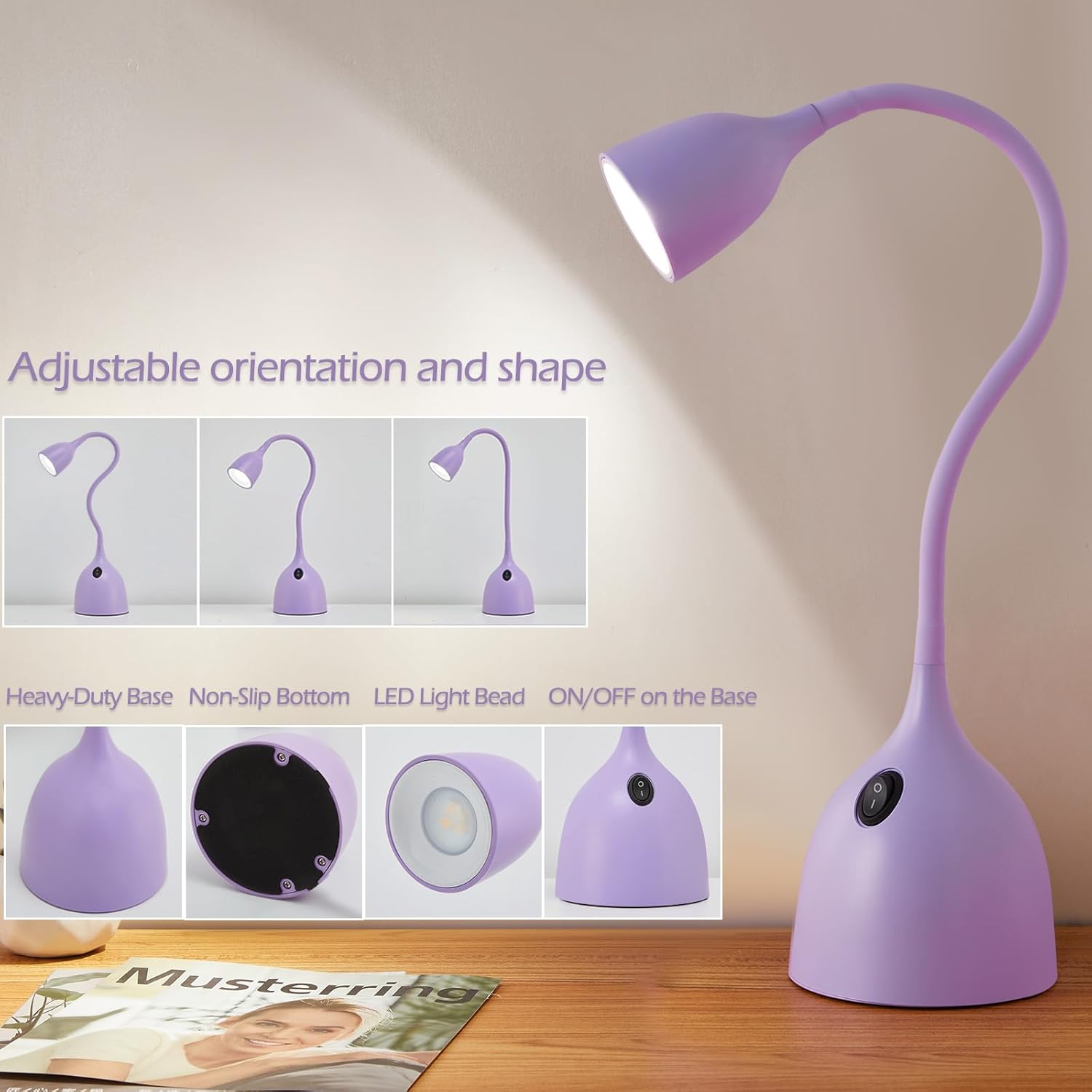 EJIAXIN Gooseneck Desk Lamp 360° LED Flexible Reading Light Small Desk Lamps for Small Spaces Home Office Bedroom College Dorm Desk Bookshelf Nightstand Table Lamp (Purple)