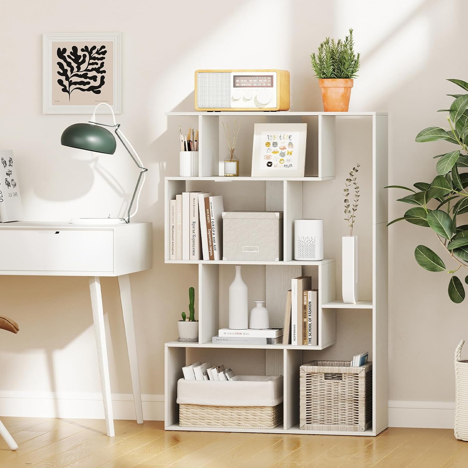 Geometric Bookcase Set of 2, 47’’ Bookshelf with 6 Open Storage Cubes, Modern Display Shelf, Wooden Storage Organizer, Small Book Shelf for Bedroom, Living Room, Home Office (2, White)