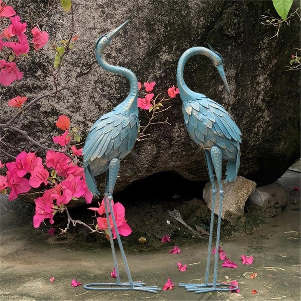 BOWERY HILL Blue Metal Crane Garden Statues, 38.39 in Tall, Weather-Resistant Handcrafted Metal Art, Elegant Decorative Accent for Garden, Patio, Pond, or Outdoor Spaces