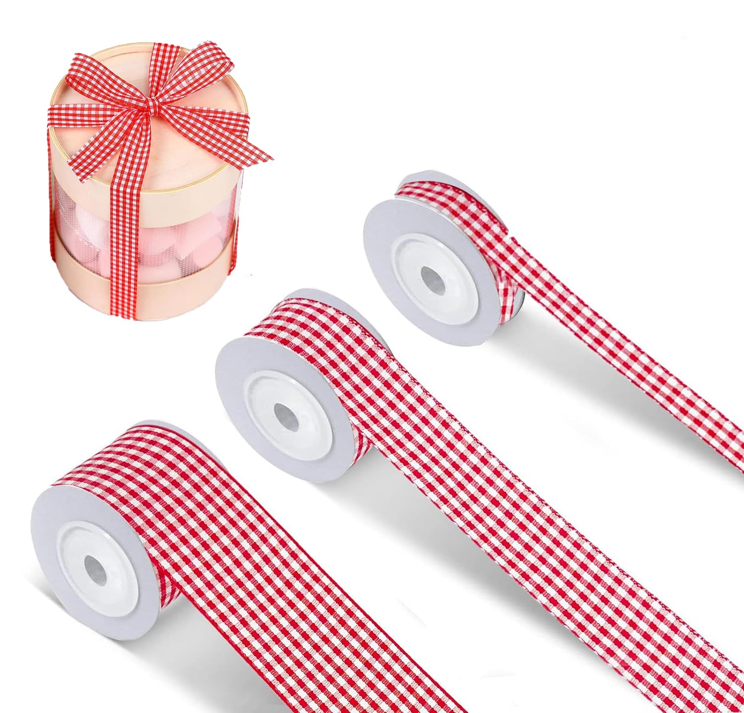 Red and White Checkered Ribbon, 3 Rolls Red and White Gingham Ribbon Picnic Craft Ribbon Red Buffalo Plaid Ribbon for Wrapping, DIY Wreath Decorations